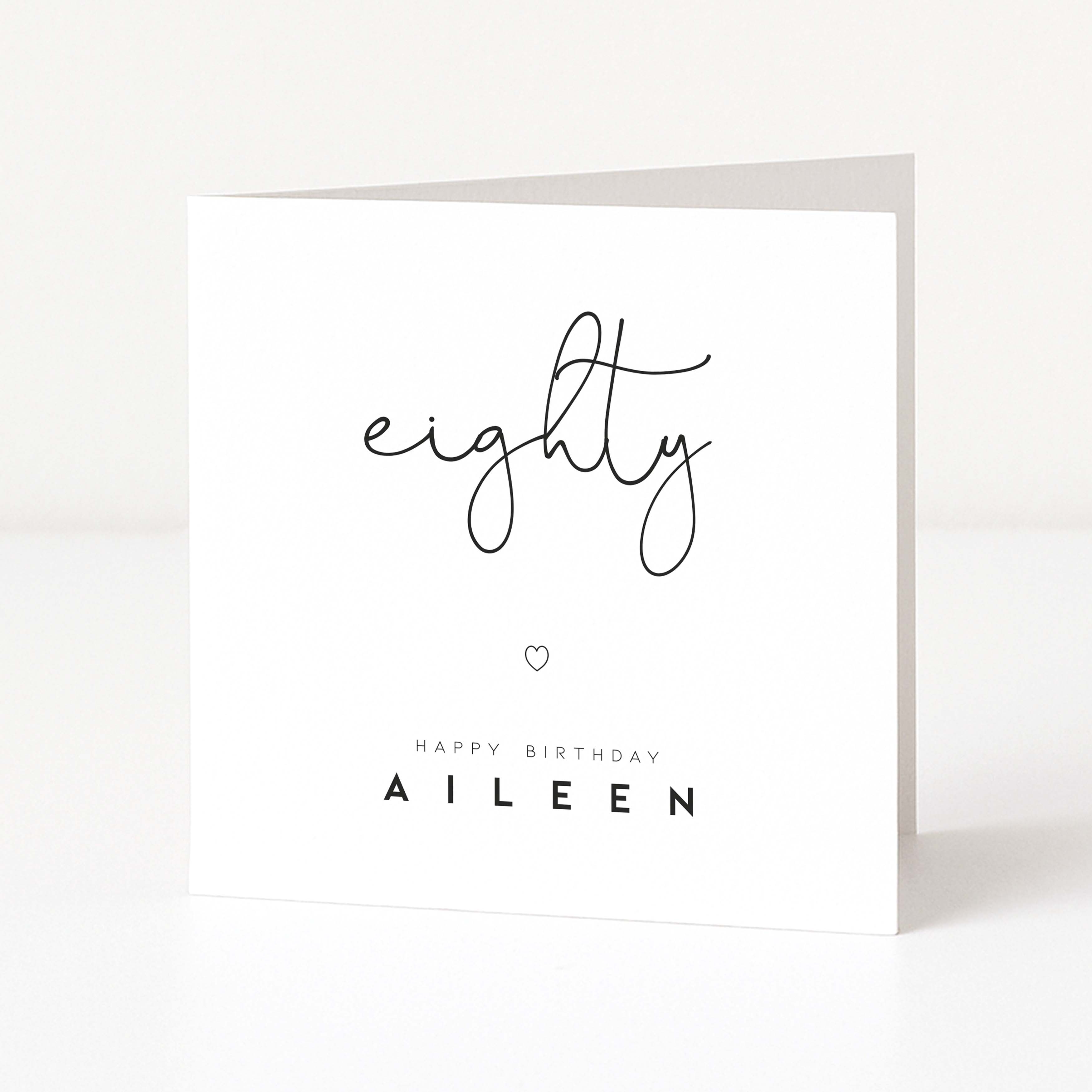Greeting card with 'eighty' and 'Happy Birthday Aileen' text on a white background