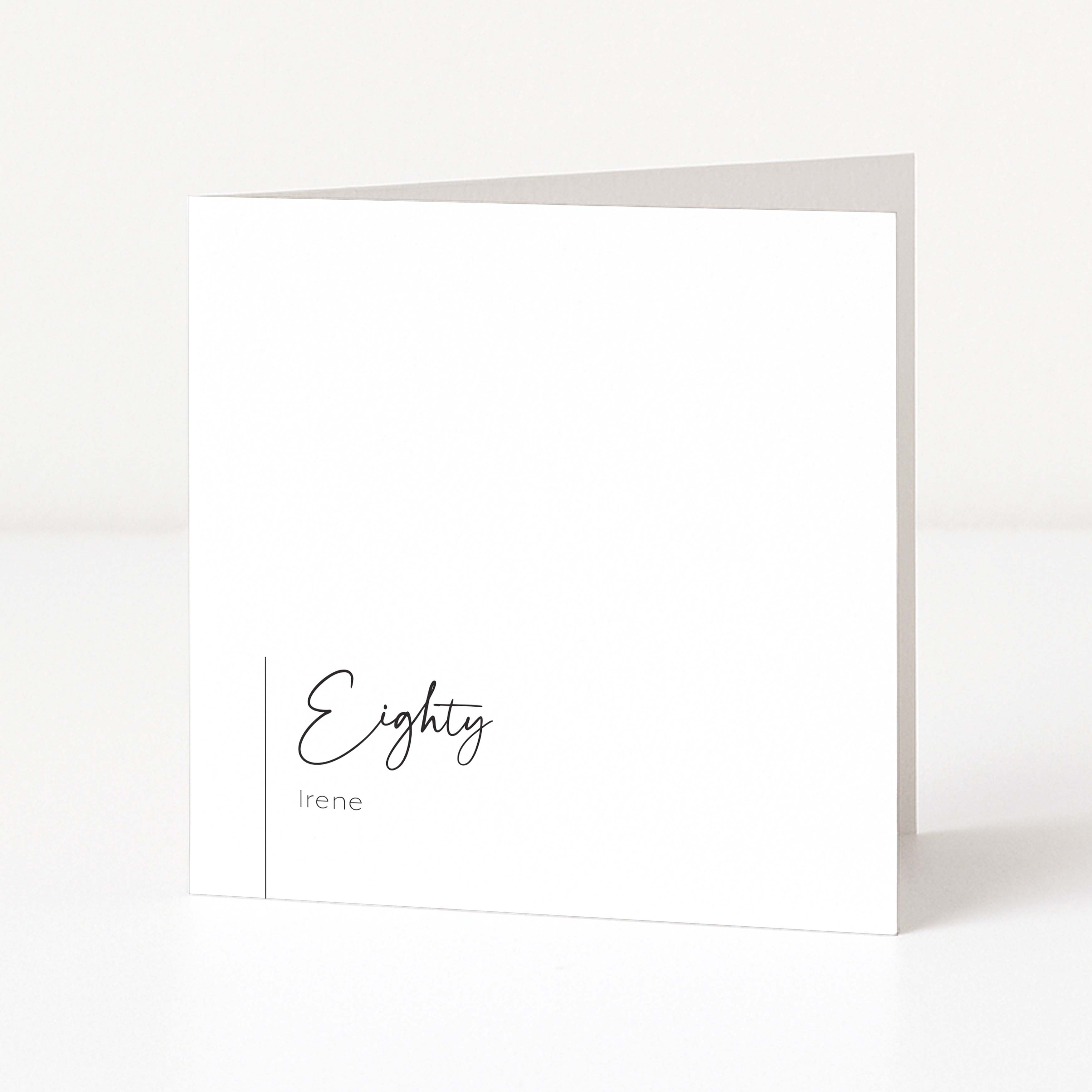 White greeting card with 'Eighty Irene' text on a white background