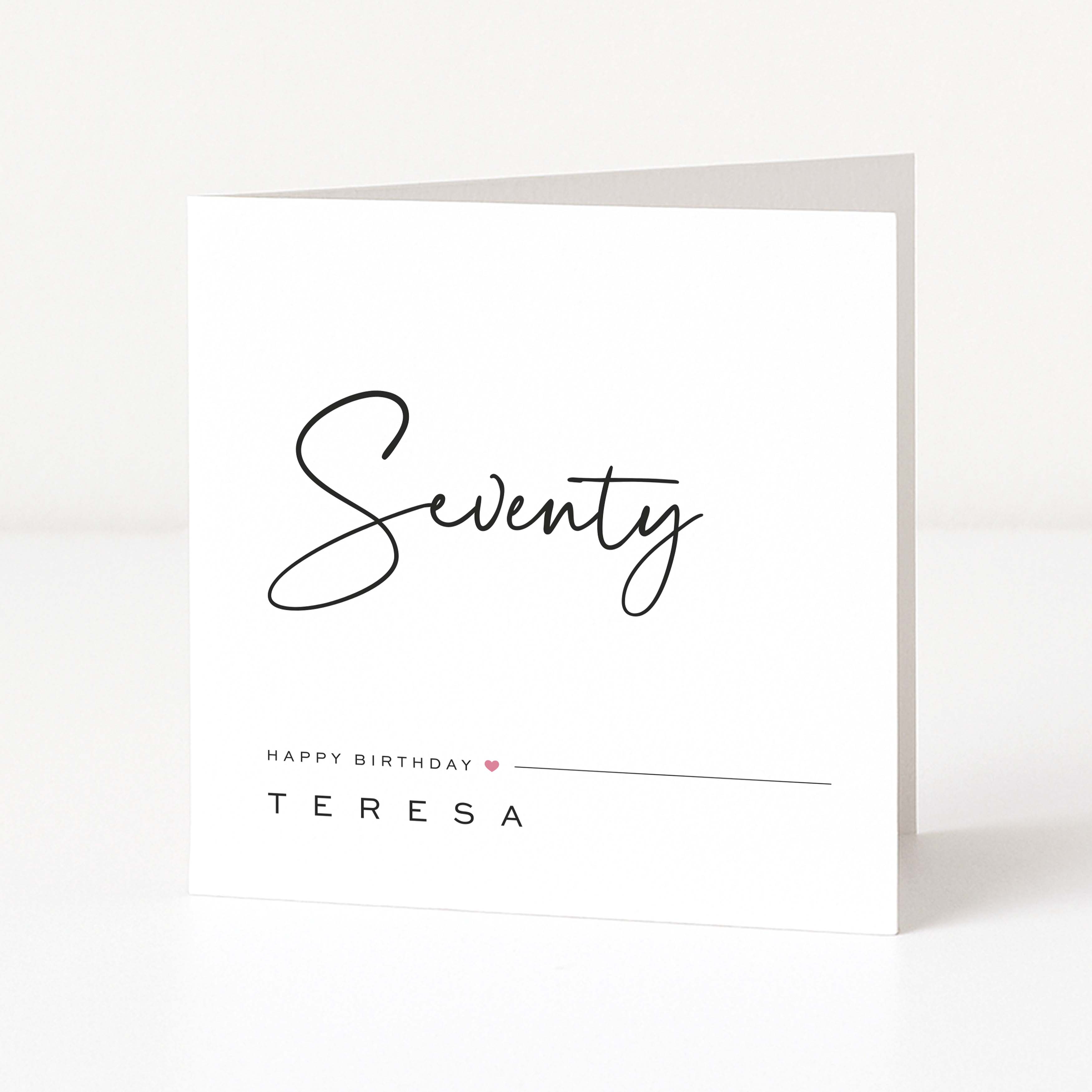 Greeting card with 'Seventy' and 'Happy Birthday Teresa' text on a white background