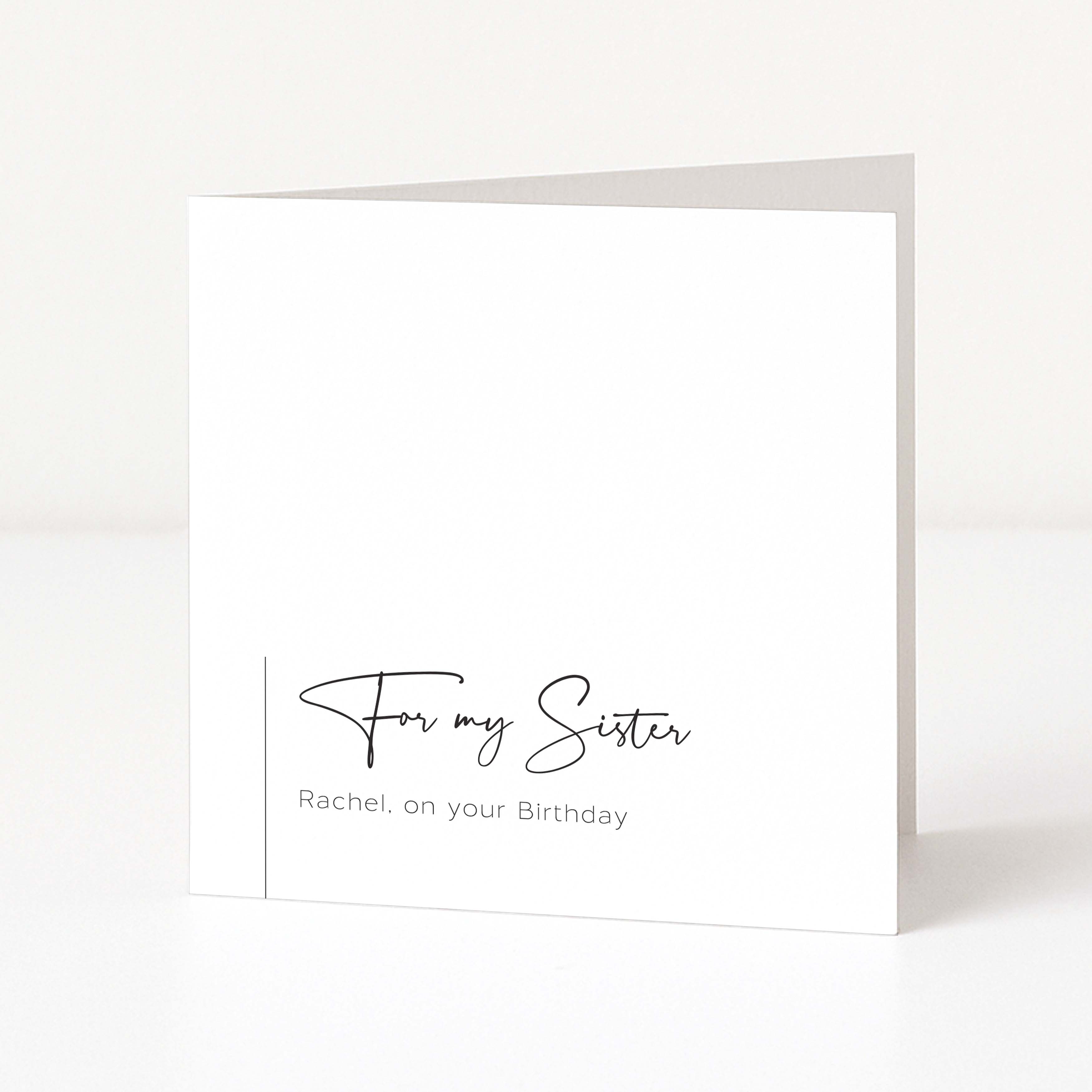 White birthday card with 'For my Sister Rachel, on your Birthday' text on a white background
