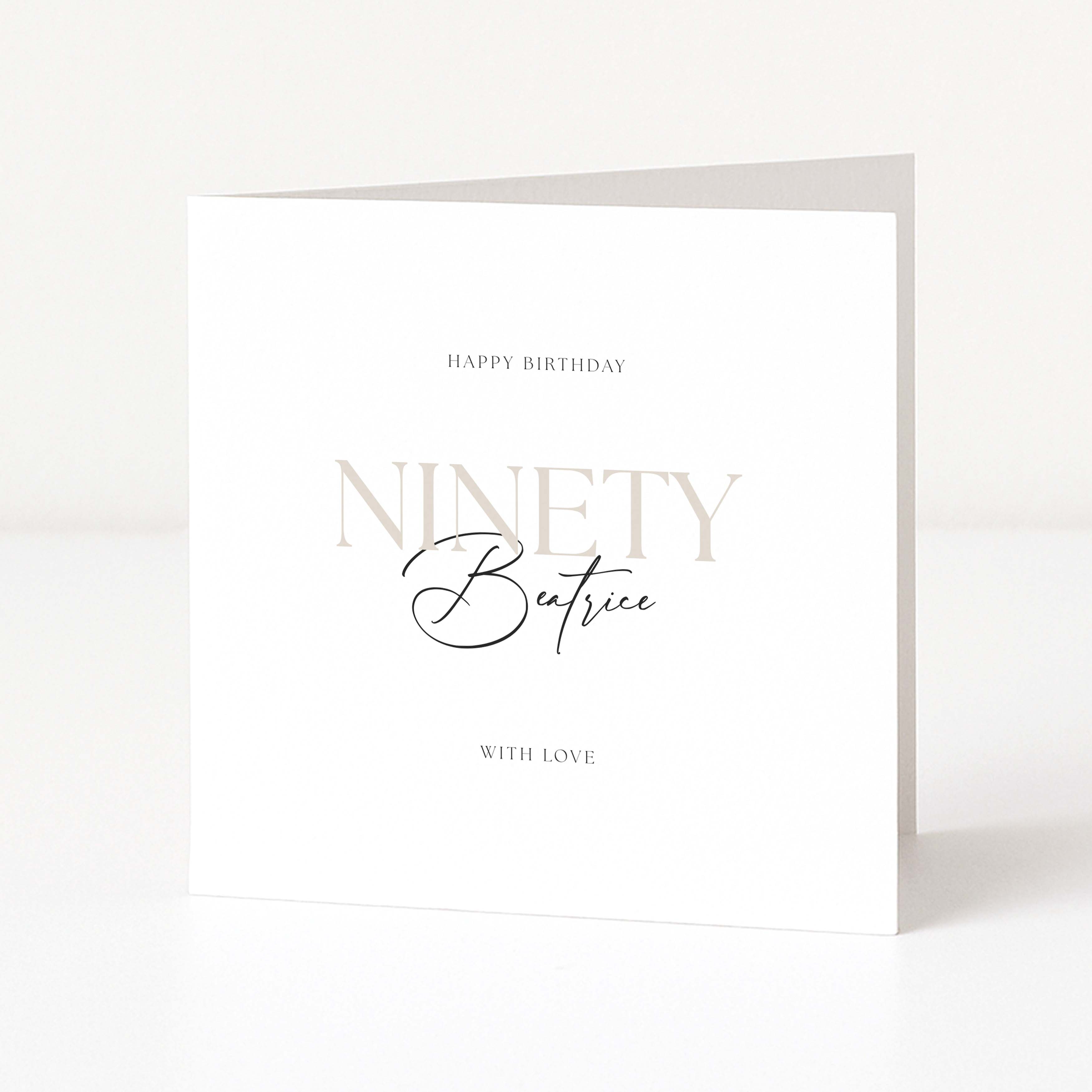 Greeting card with 'Happy Birthday Ninety Beatrice' text on a white background