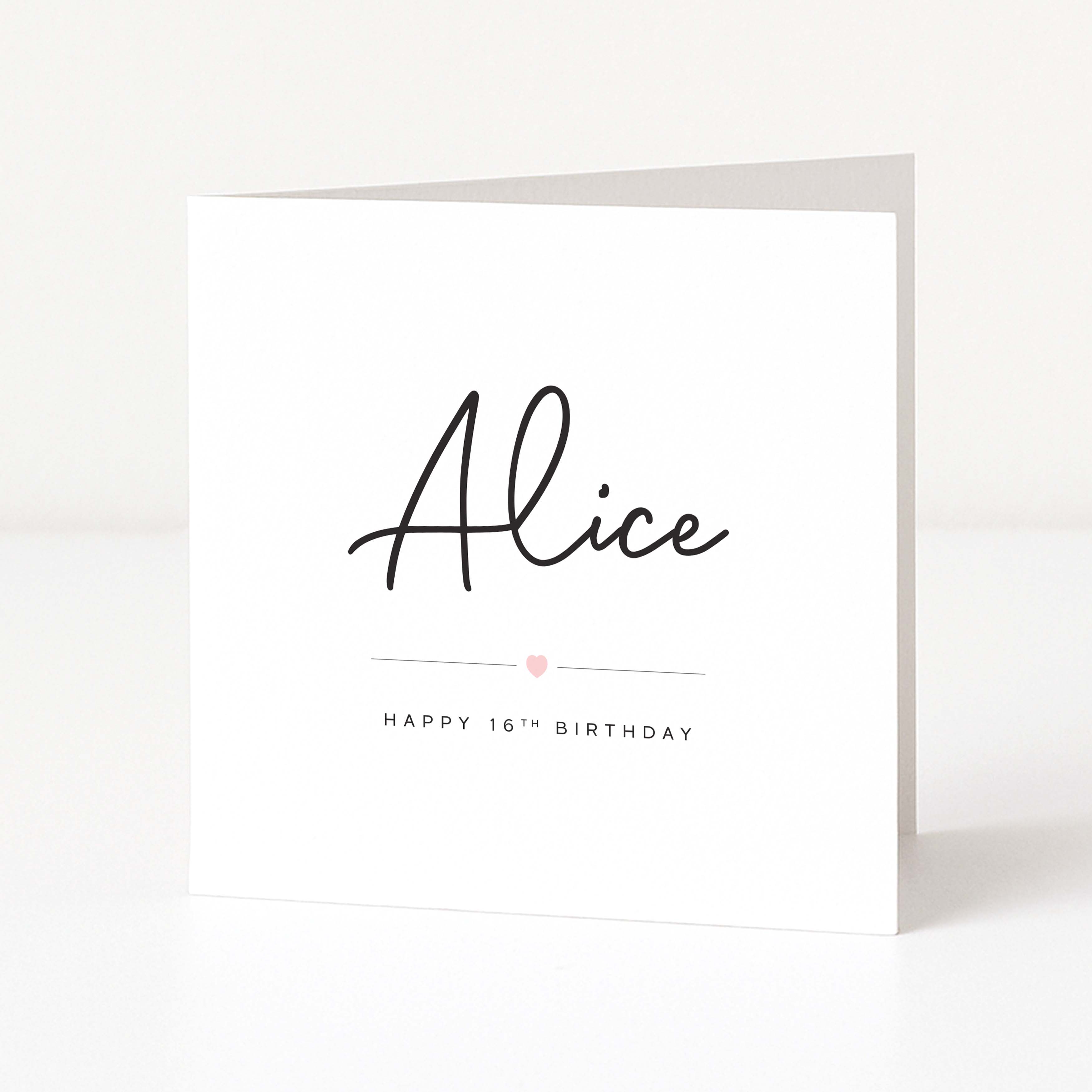Greeting card with 'Alice' and 'Happy 16th Birthday' text on a white background