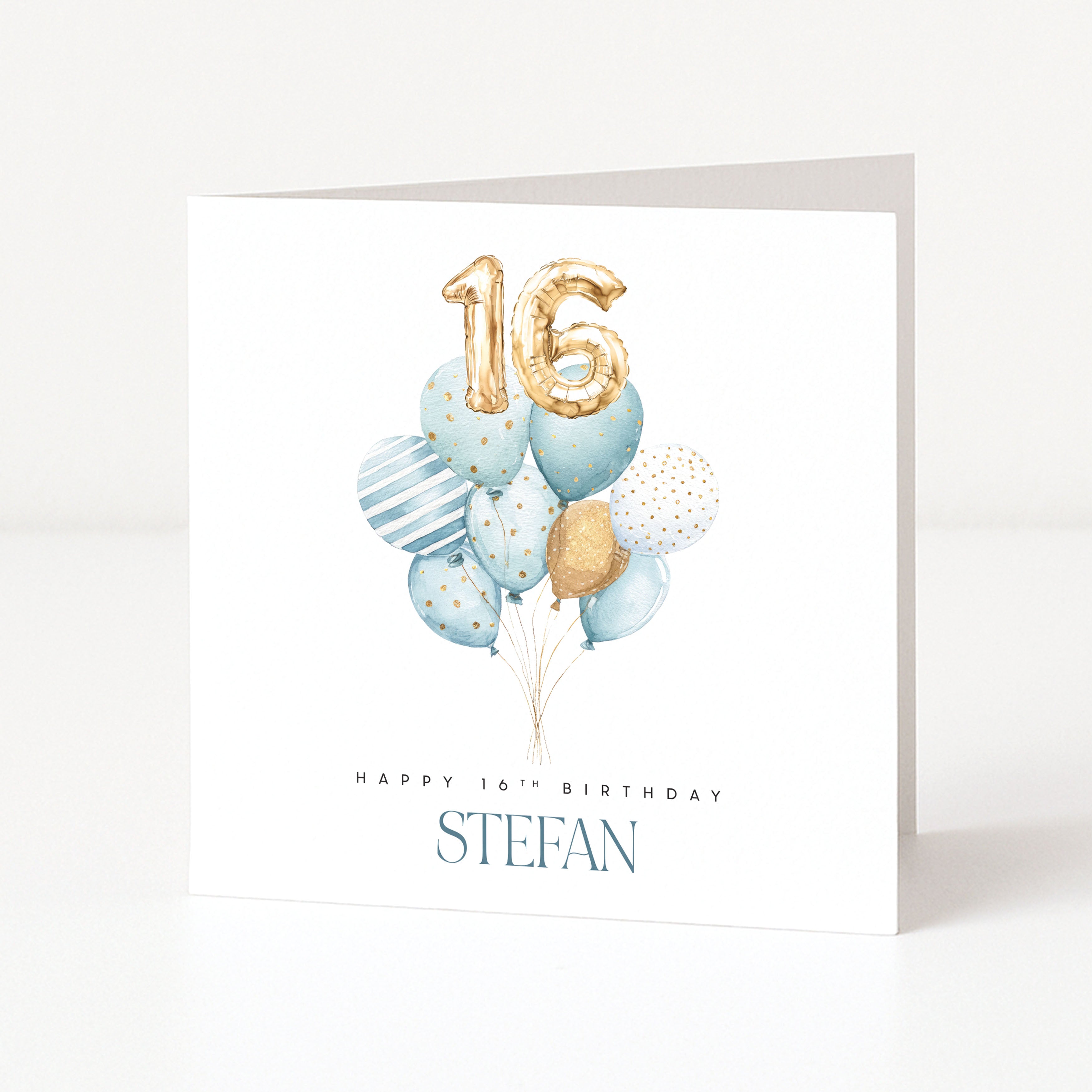 Greeting card with blue balloons and gold number 16 for a 16th birthday celebration.