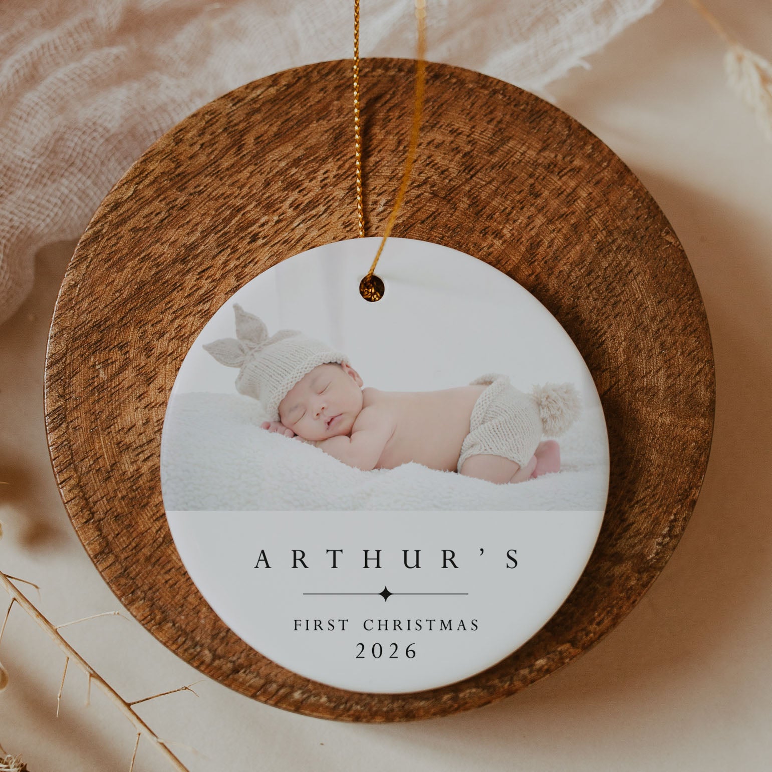 ceramic bauble with photo print and arthurs first christmas 2026 printed on the front