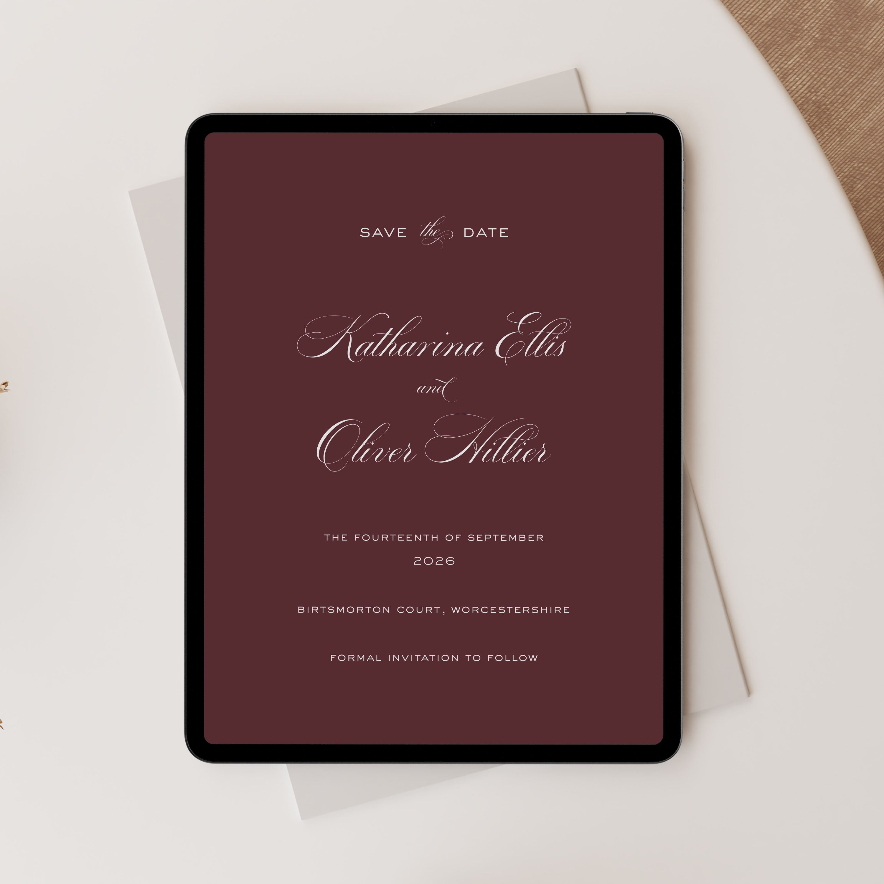 Digital save the date with calligraphy in burgundy
