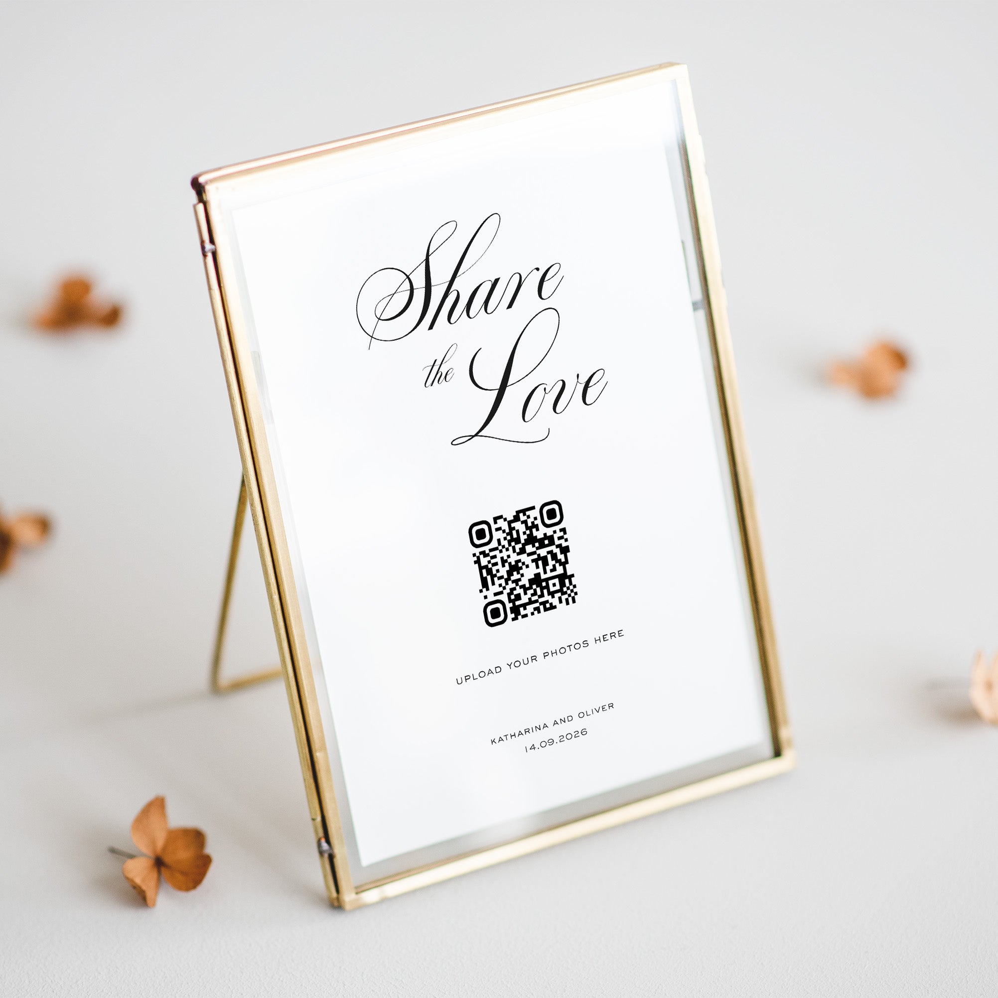 Share the Love Sign with QR Code for wedding reception in gold frame