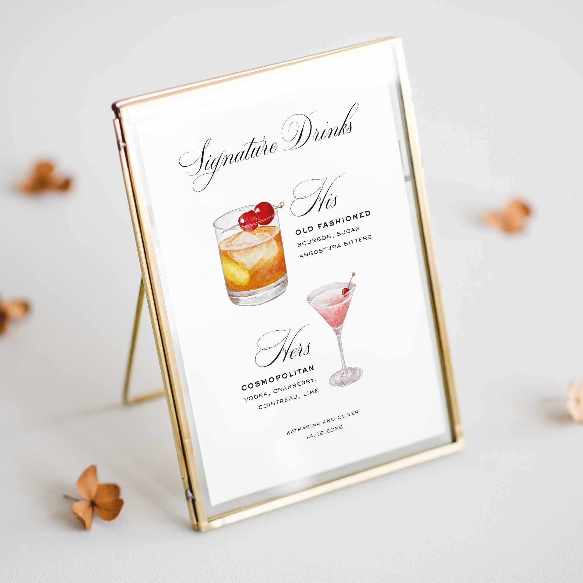 Signature drinks menu with cocktail illustrations on a white background