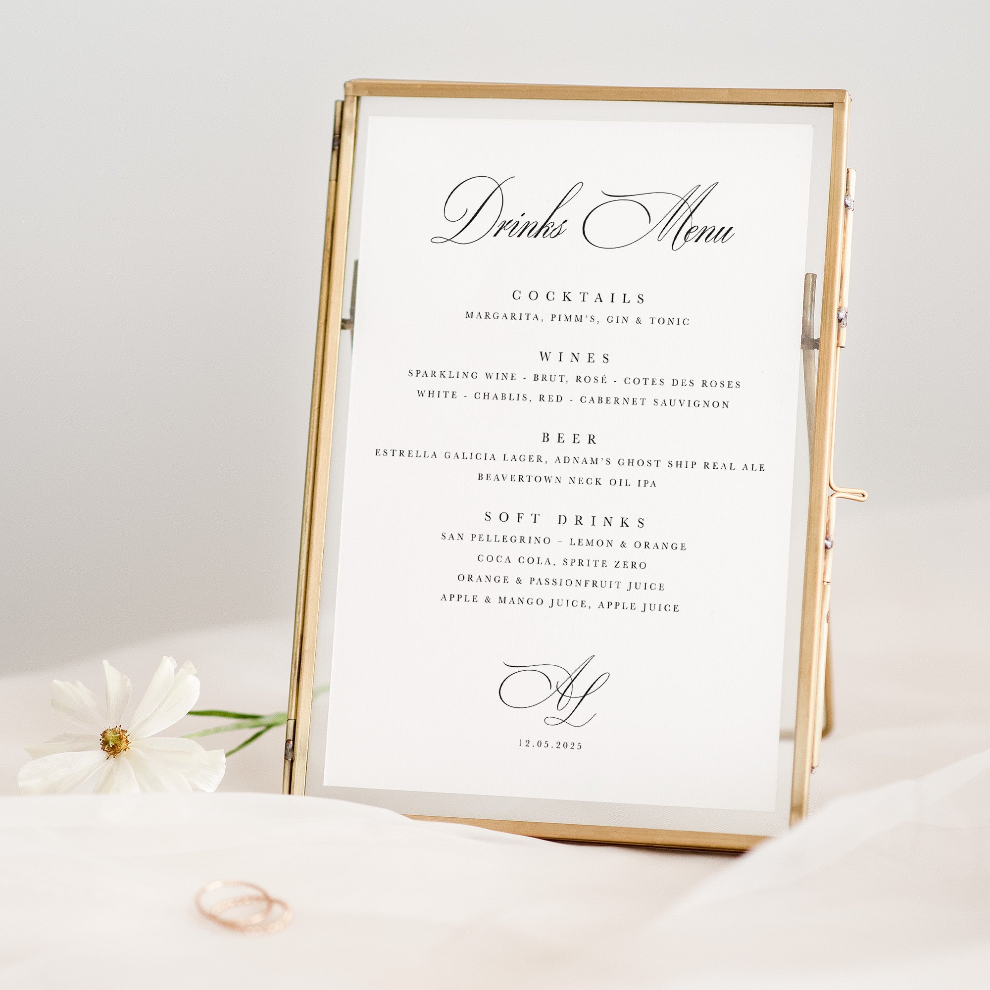 Printed wedding drinks and bar menu sign in frame