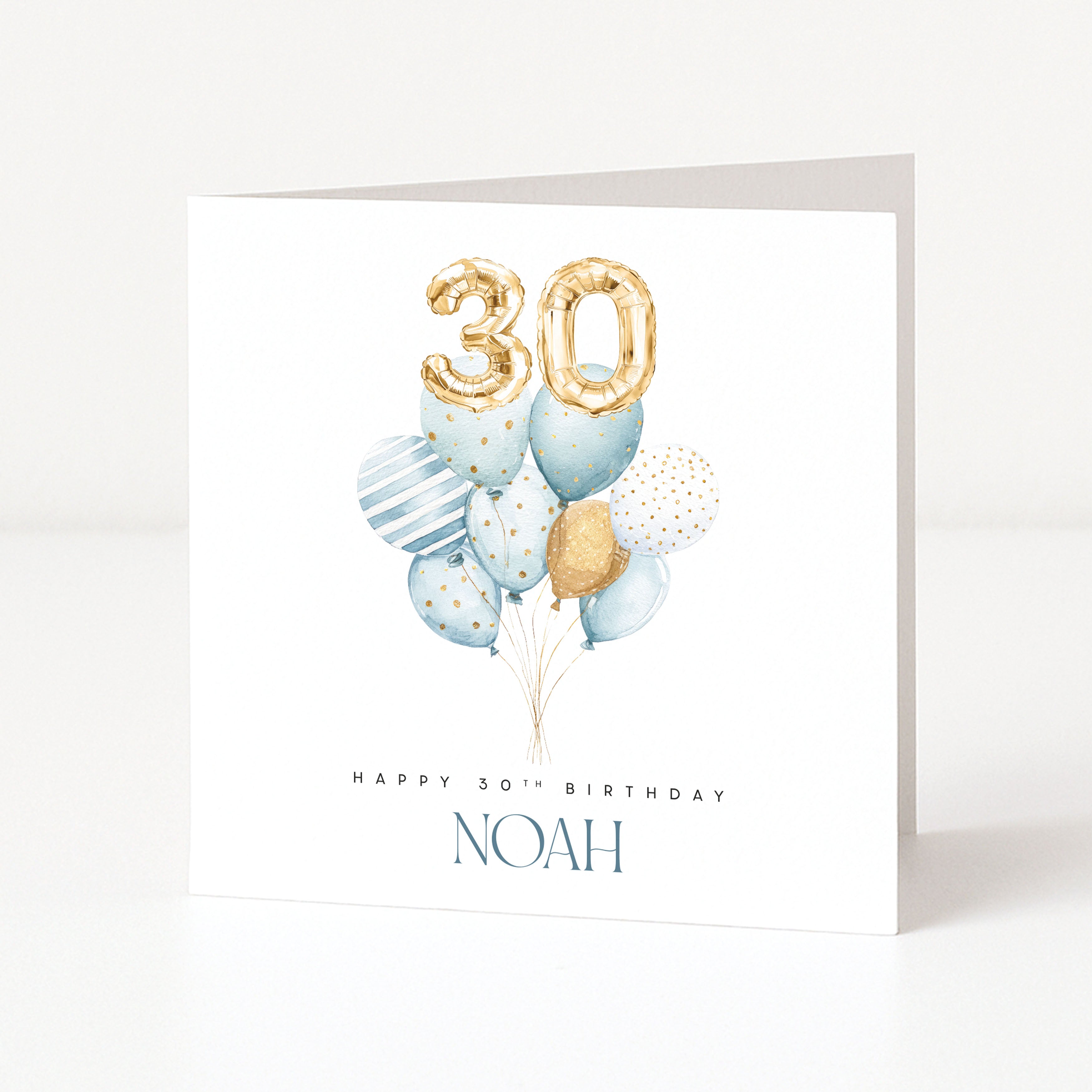 Birthday card with balloons and '30' gold balloon, personalised for Noah.