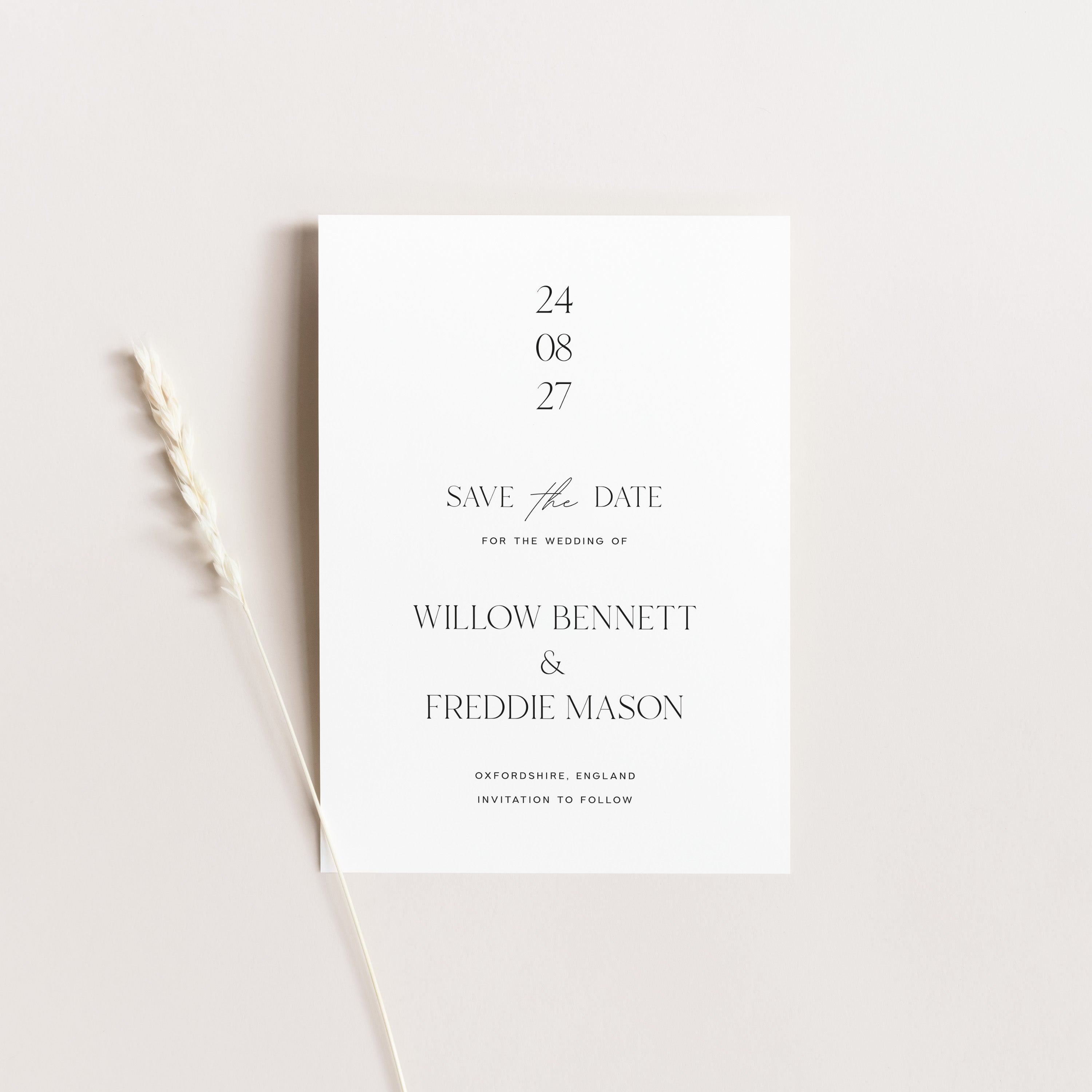 Save the date card for a wedding with text on a light background