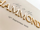 Beige Acrylic wedding guest book with caramel gold 3D lettering and UV printed black details
