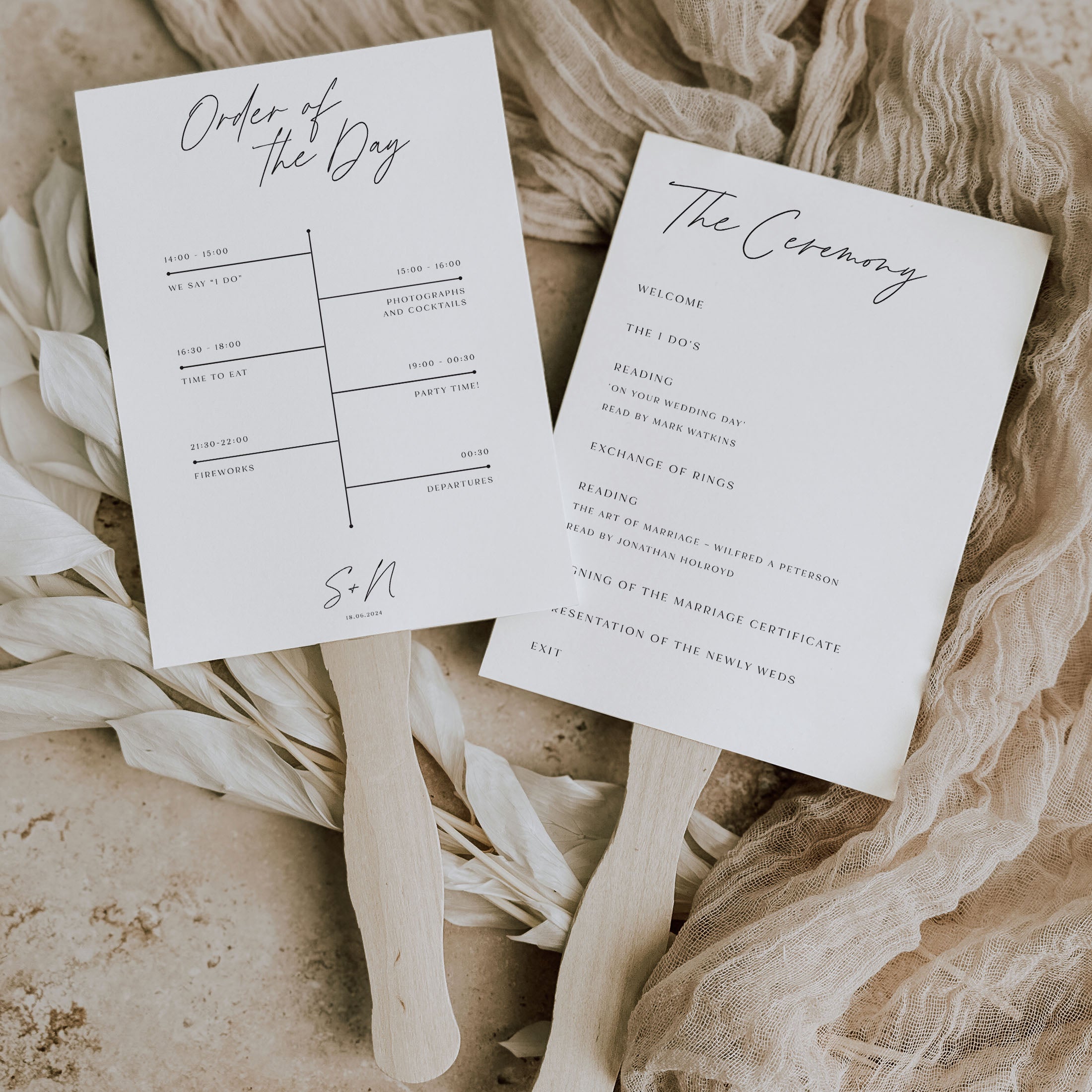 Romantic wedding programme paddle fan with wooden handles and on a natural background