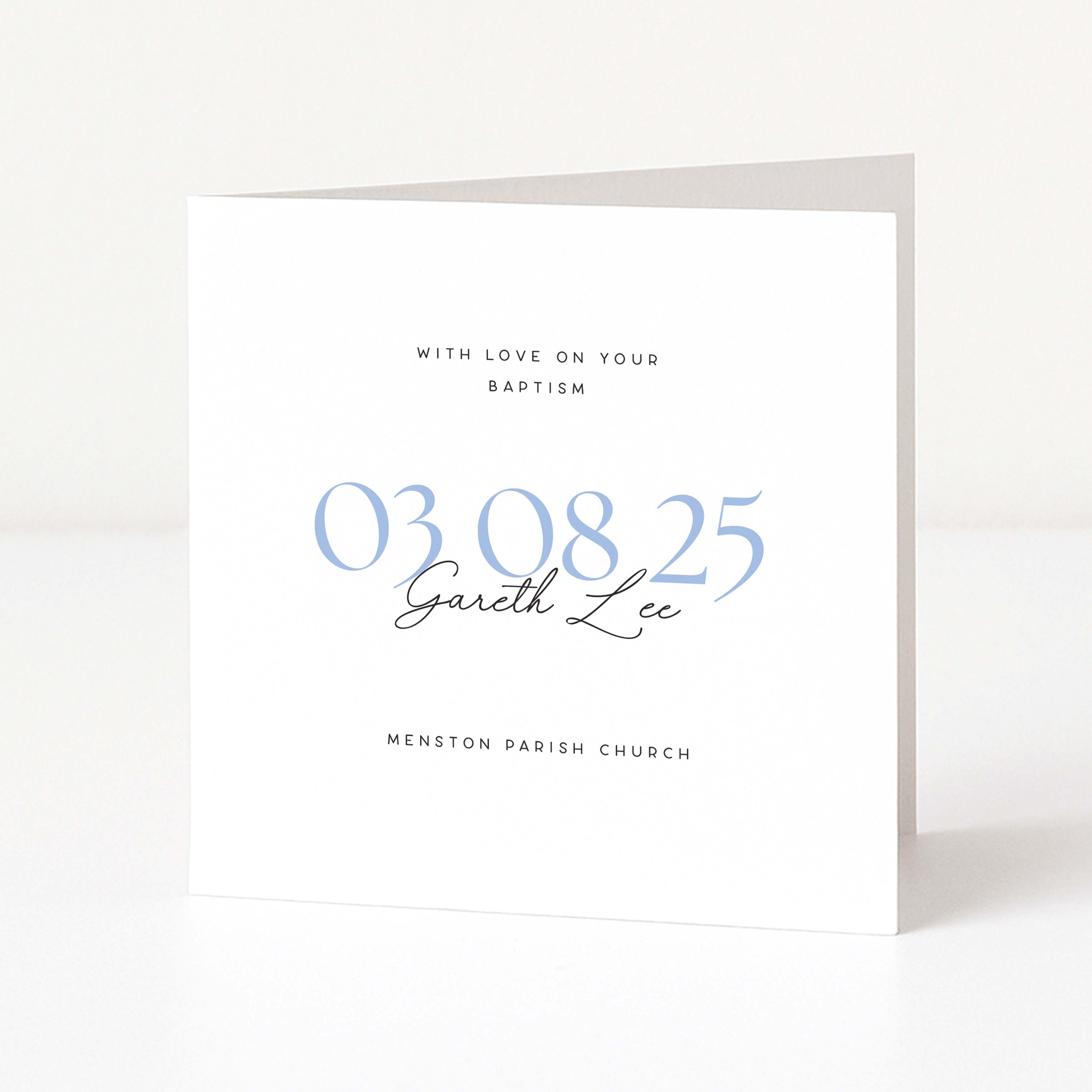 Greeting card with text for a baptism, featuring a date and name.