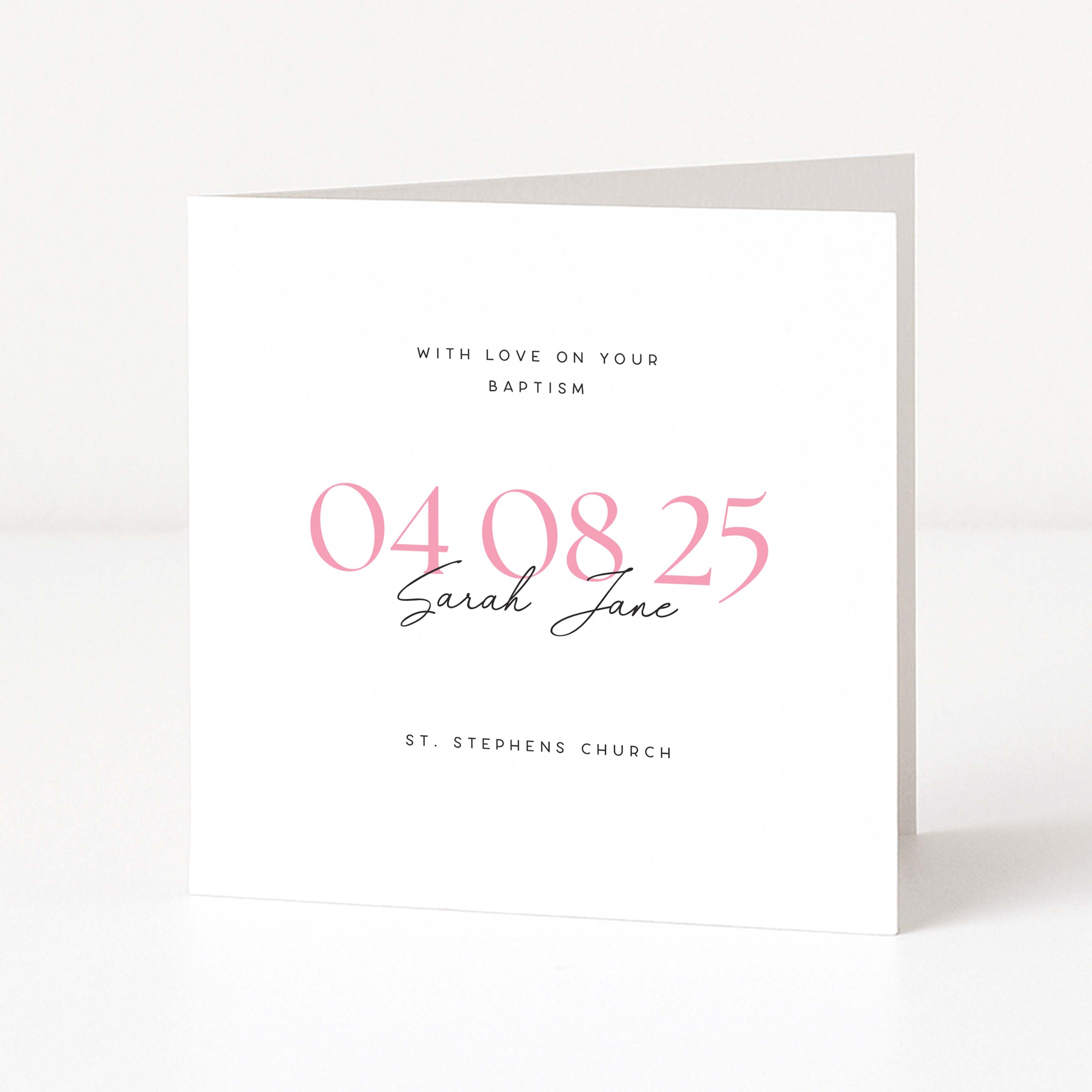 Christening card with personalized text on a white background