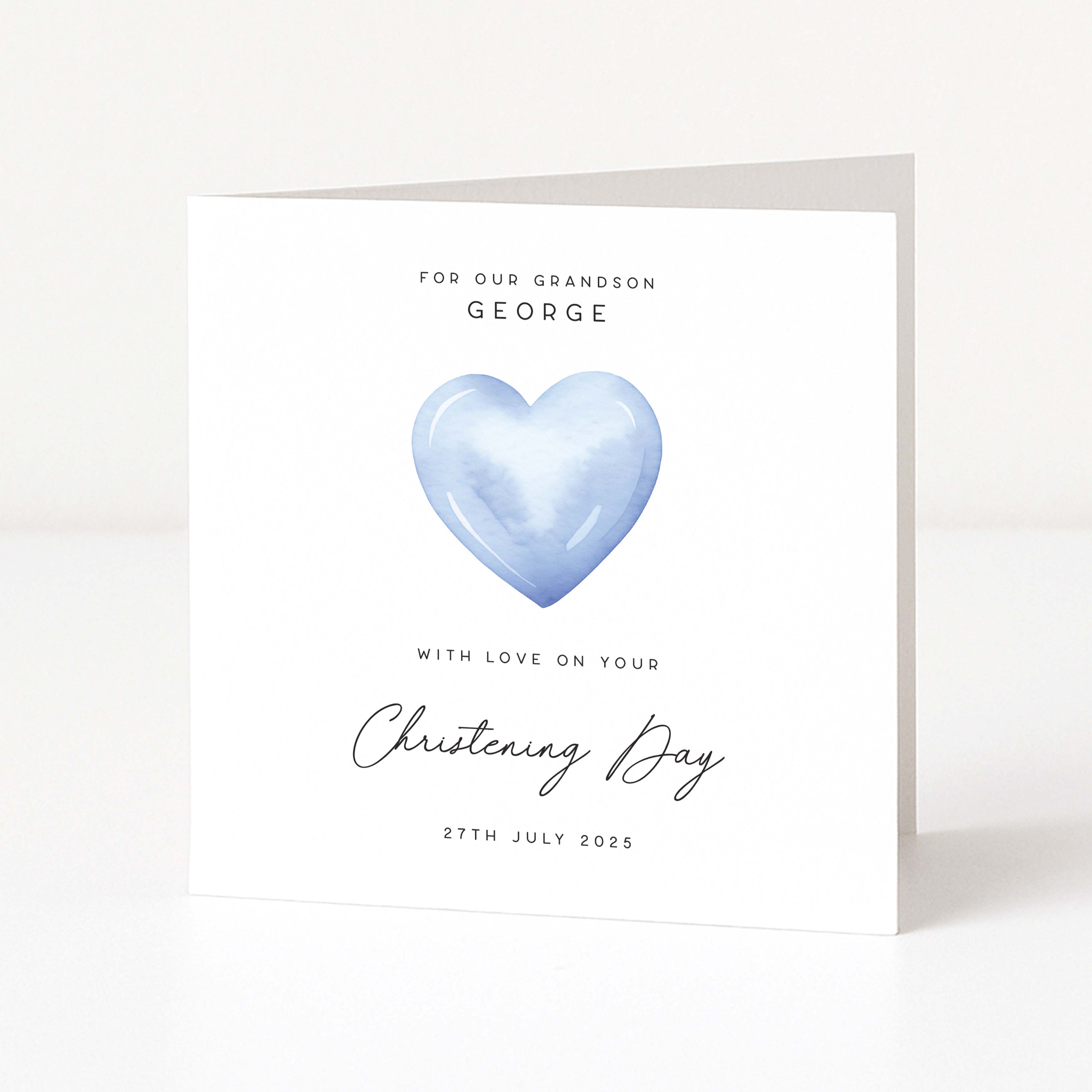 Personalised Christening Card for Grandson with Blue Heart Design