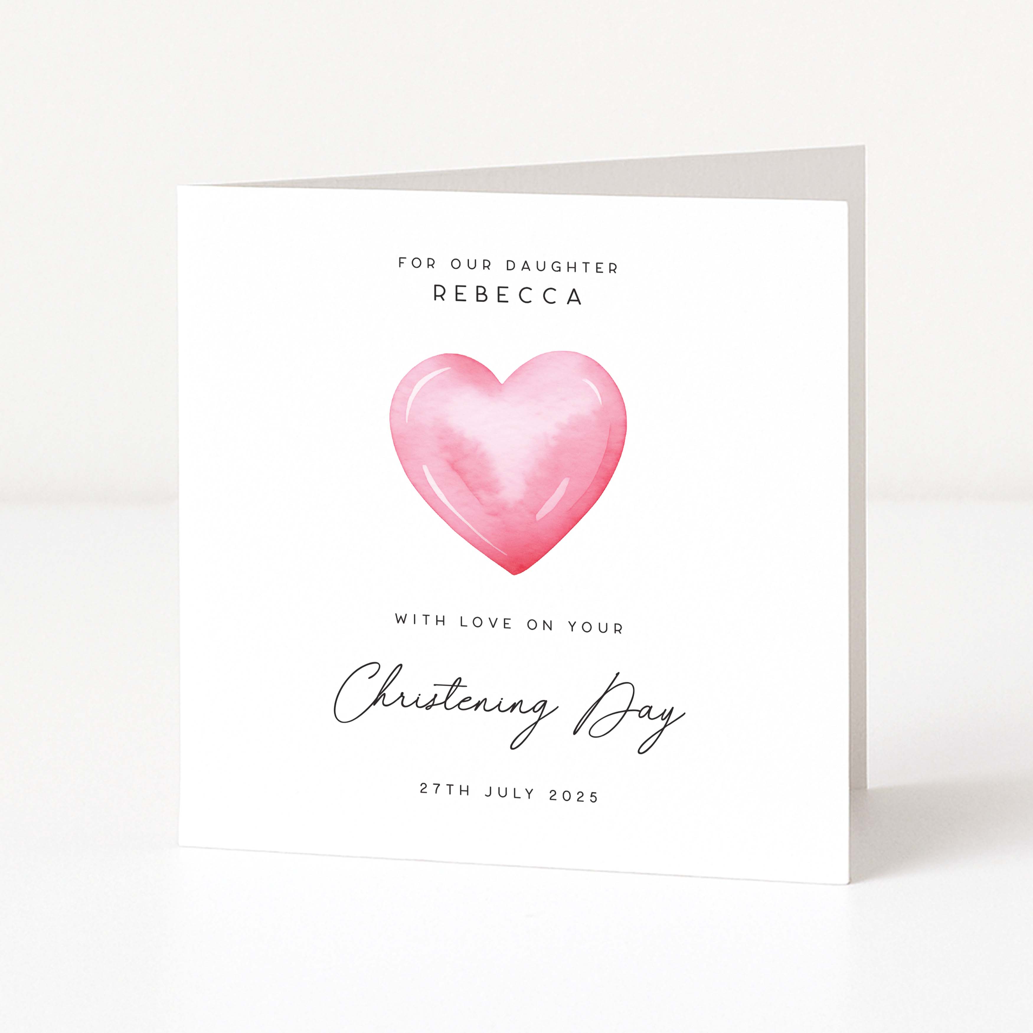 Personalised Christening Card for Daughter with Pink Heart Design