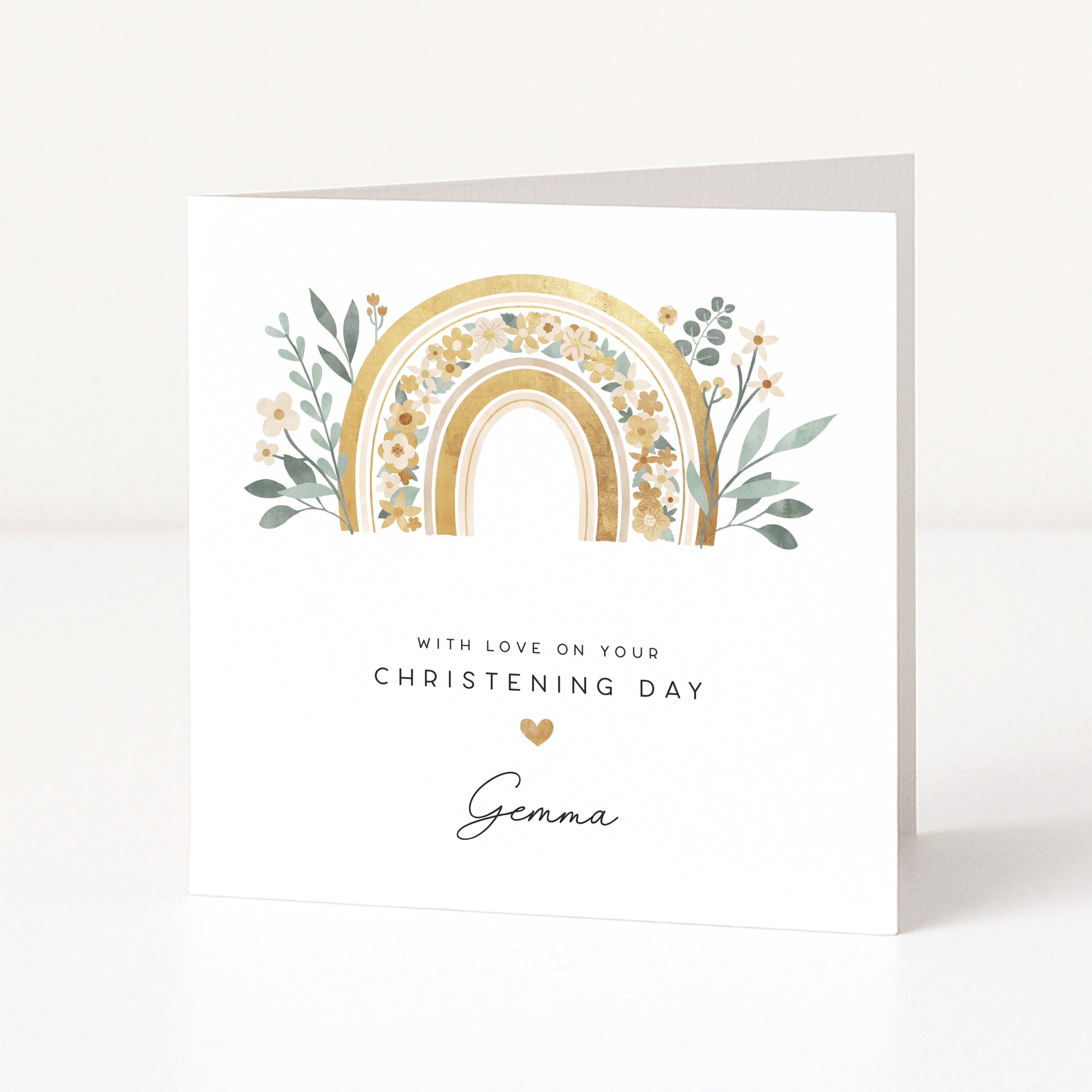 Christening card with gold rainbow and floral design on a white background