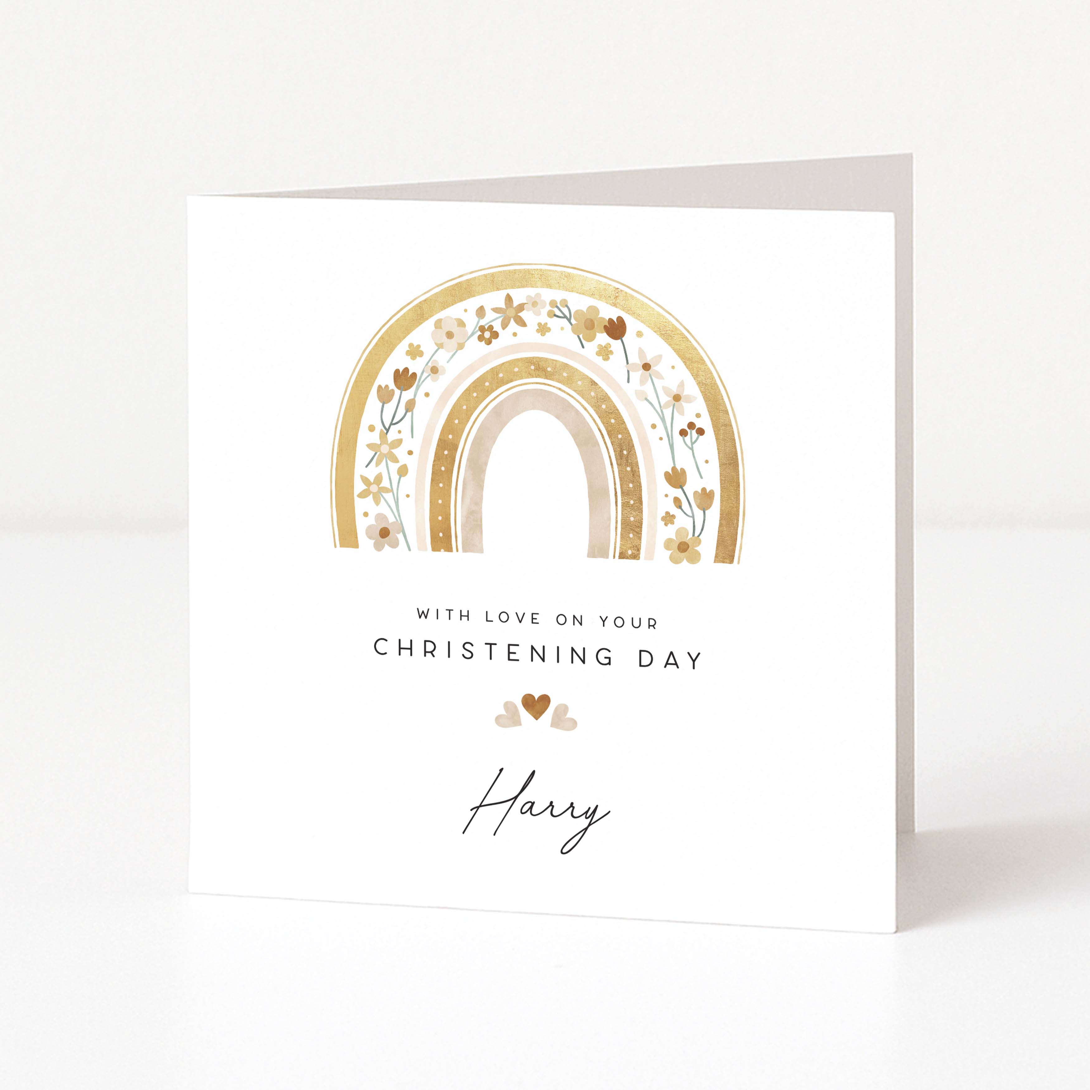 Personalised Christening Card with Floral Rainbow Artwork on White Background
