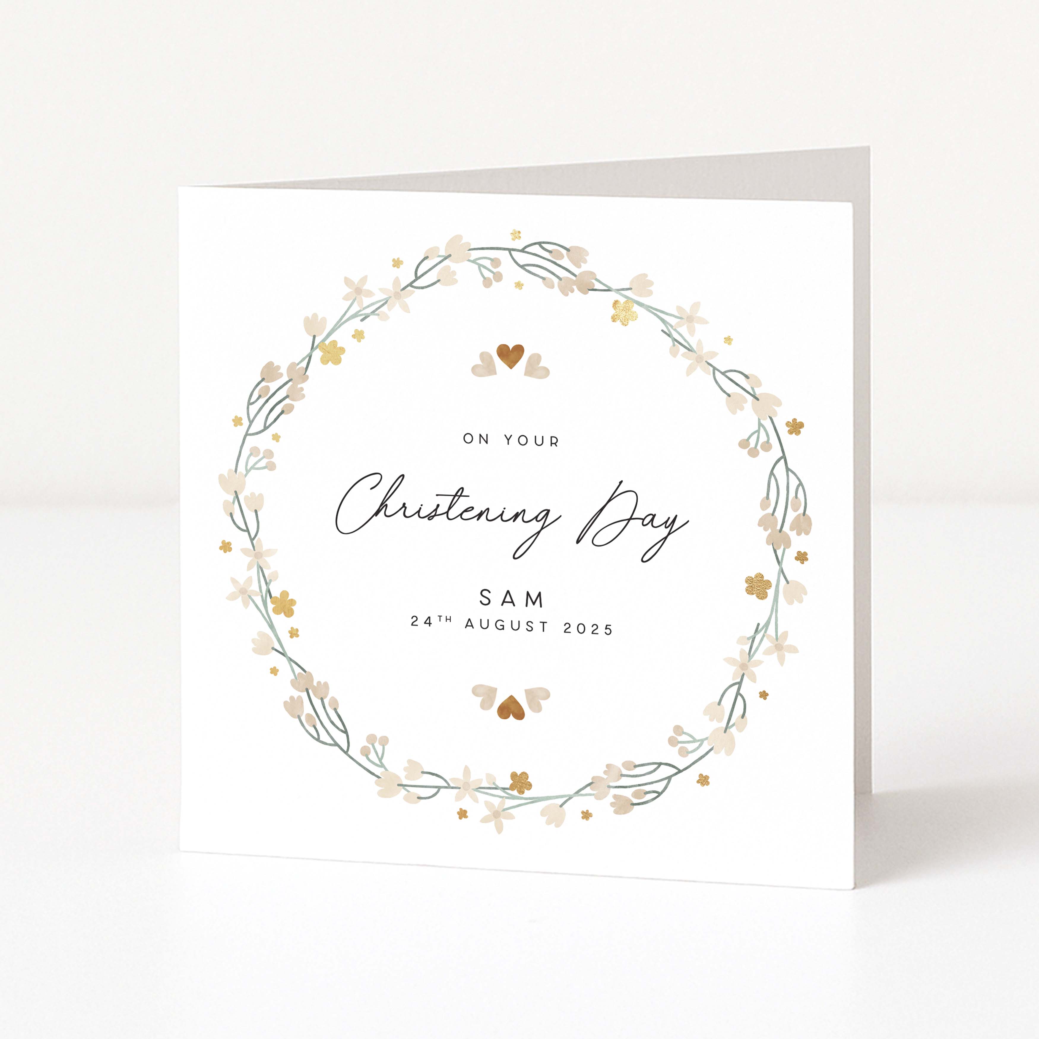Christening card with floral wreath design and personalised text on a white background