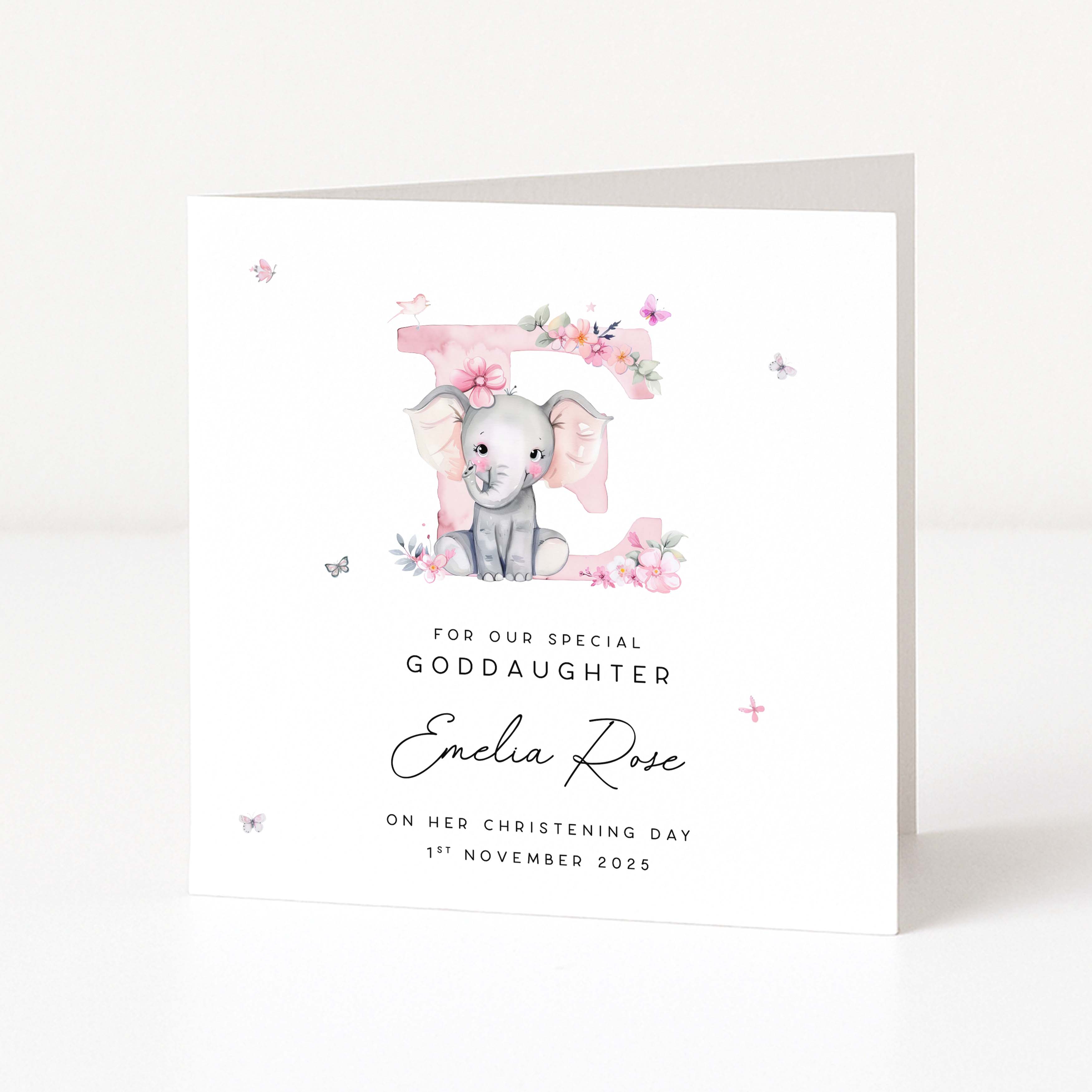 Personalised christening card for goddaughter with an elephant illustration and floral elements on a white background