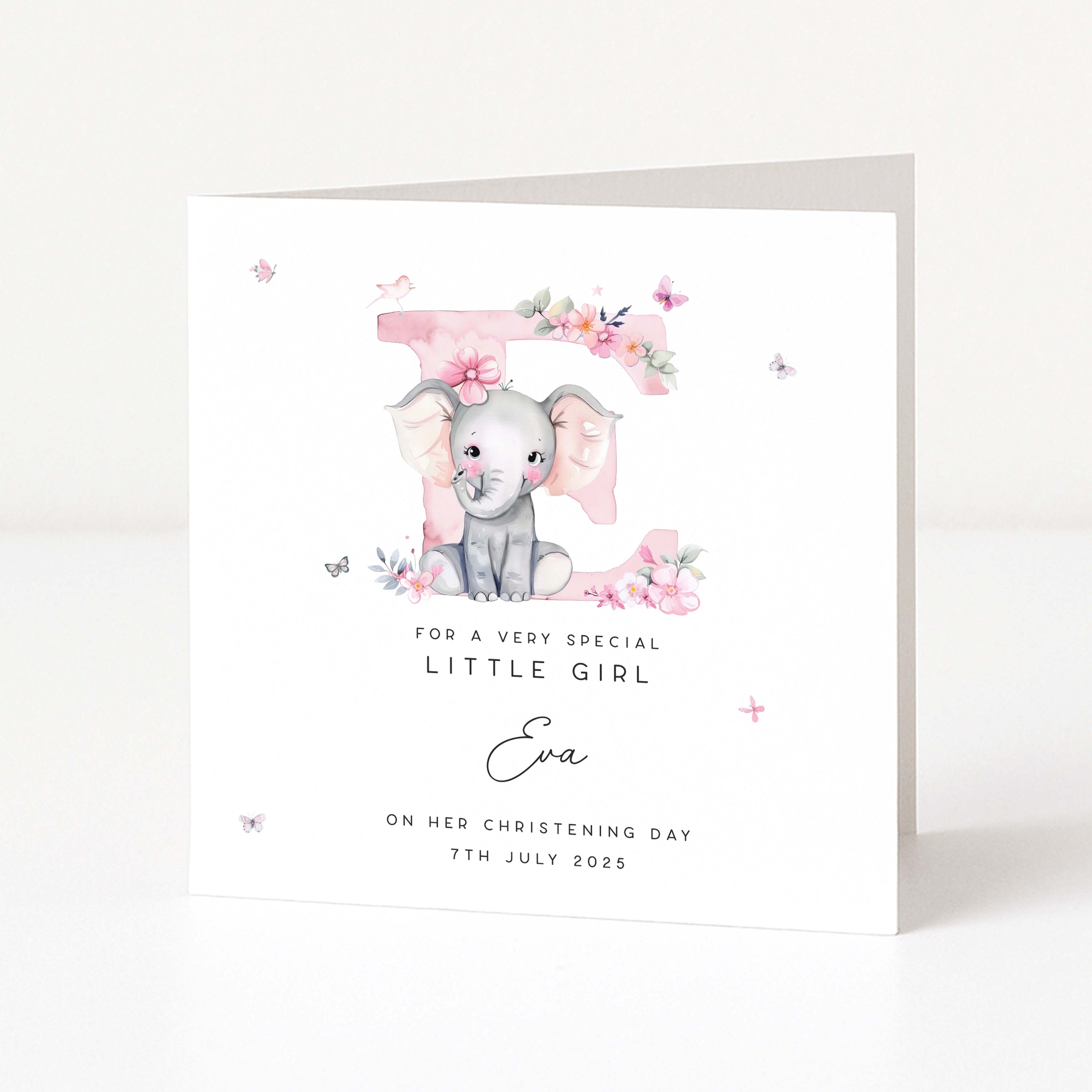 Personalised christening card for a girl with an elephant illustration and floral elements on a white background