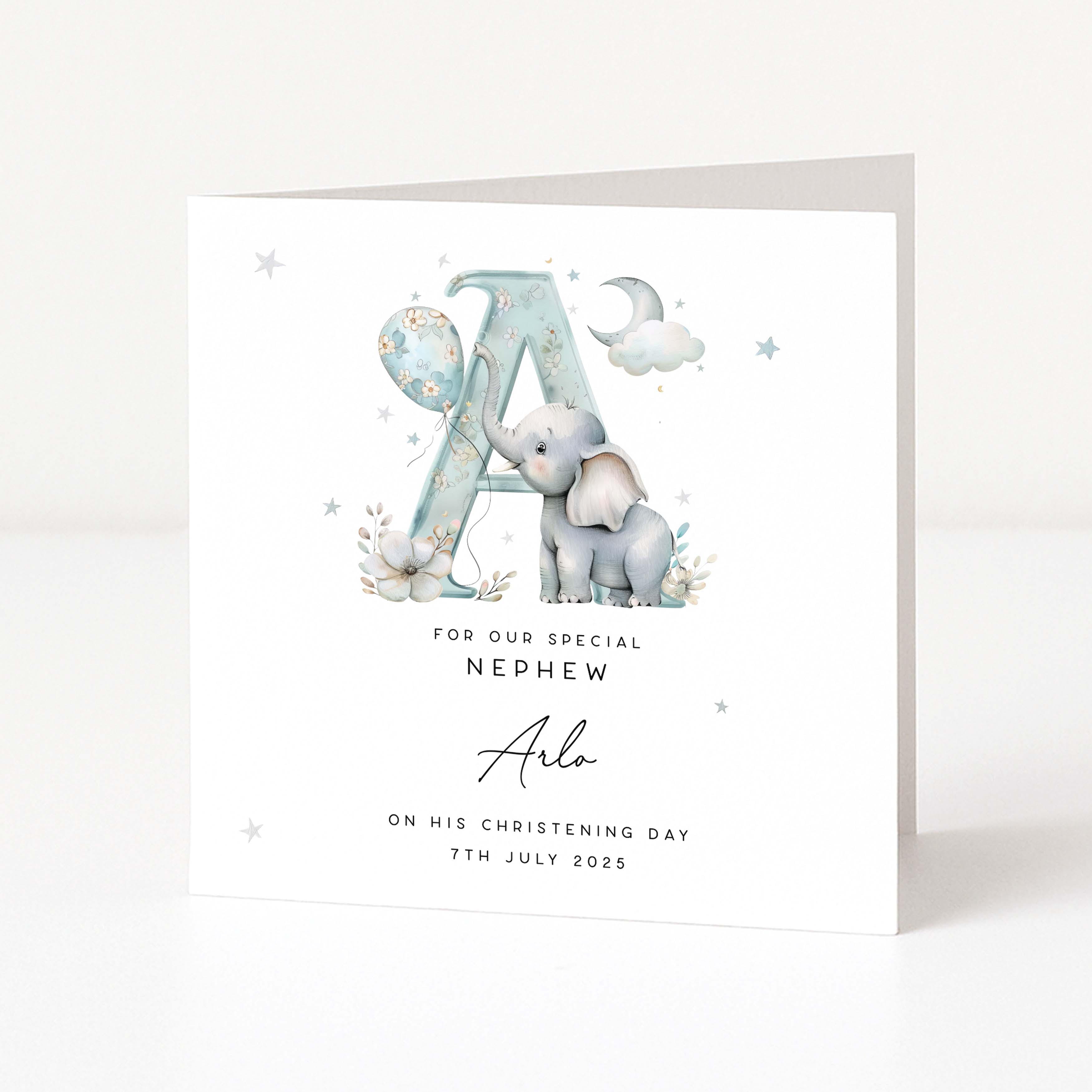 Personalised christening card with a baby elephant and letter 'A' design on a white background