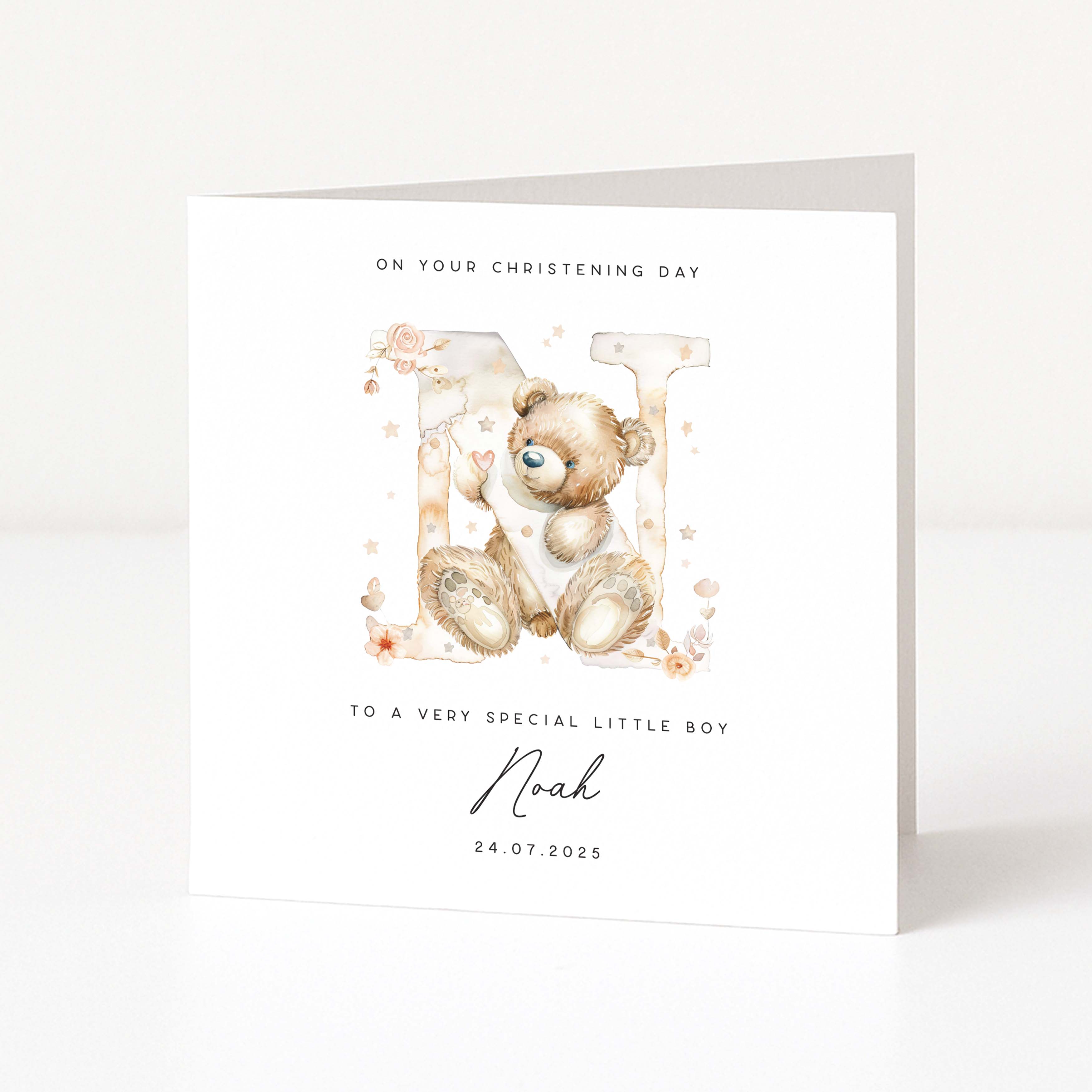 Christening card with teddy bear illustration and personalized text on a white background