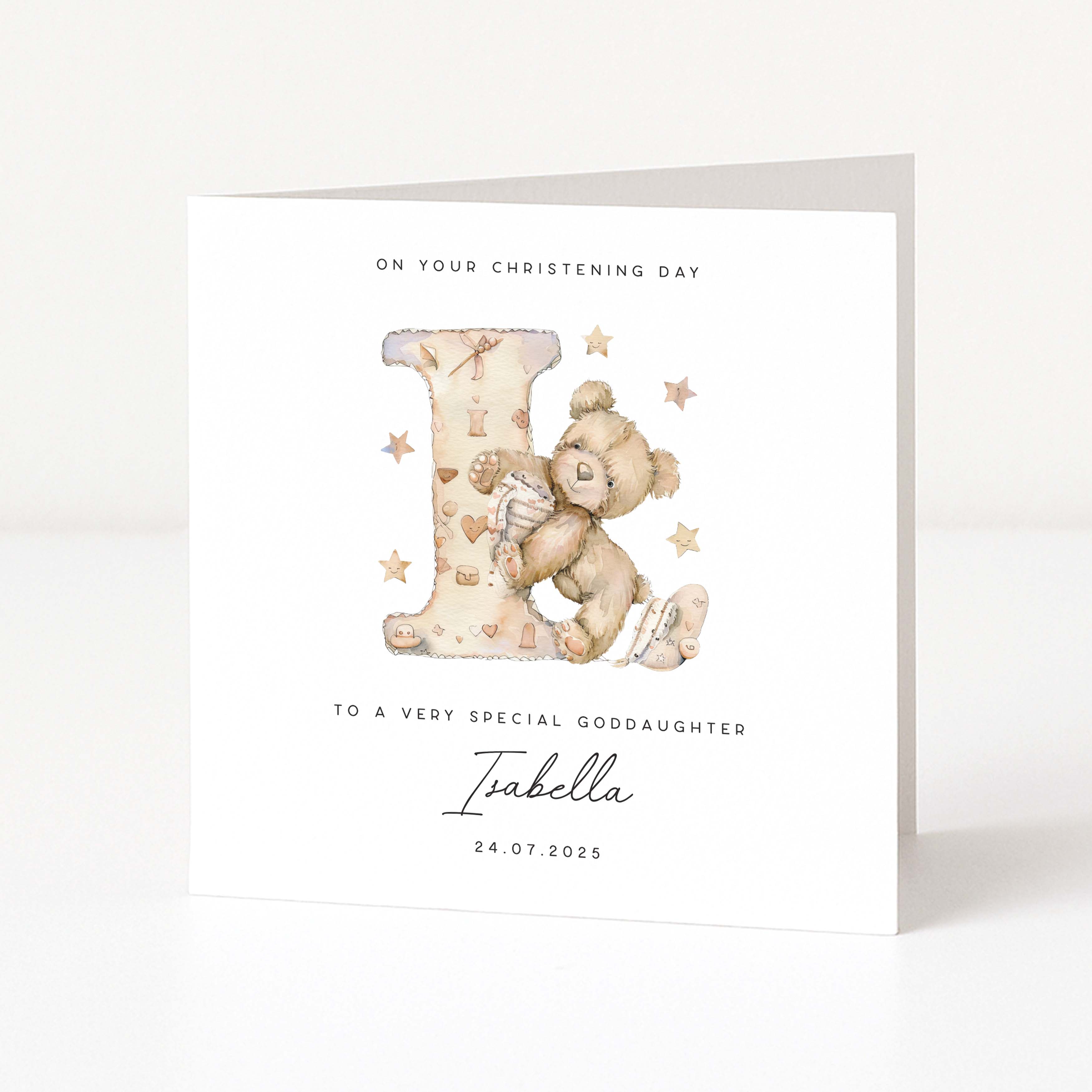 Personalised goddaughter christening card with teddy bear and letter 'I' design on a white background