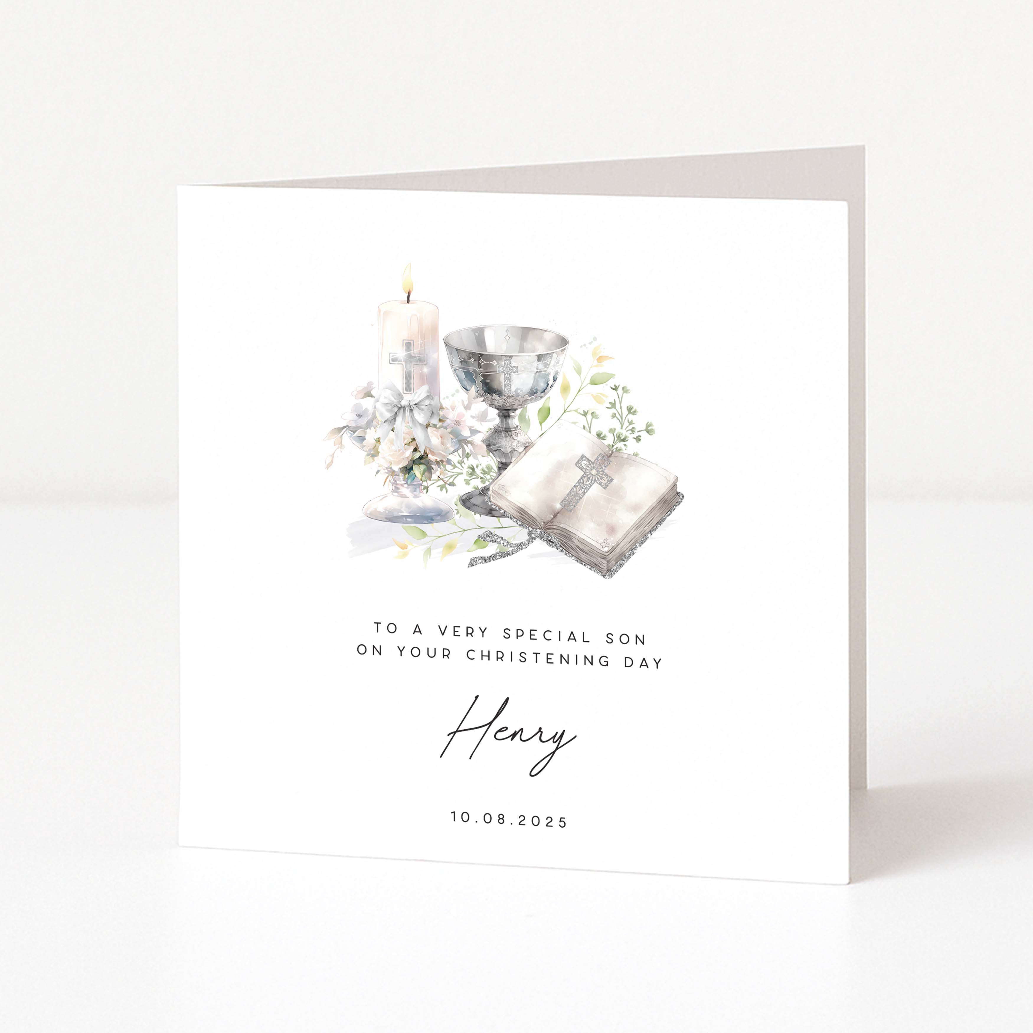 Personalised christening card for son with candles and flowers on a white background