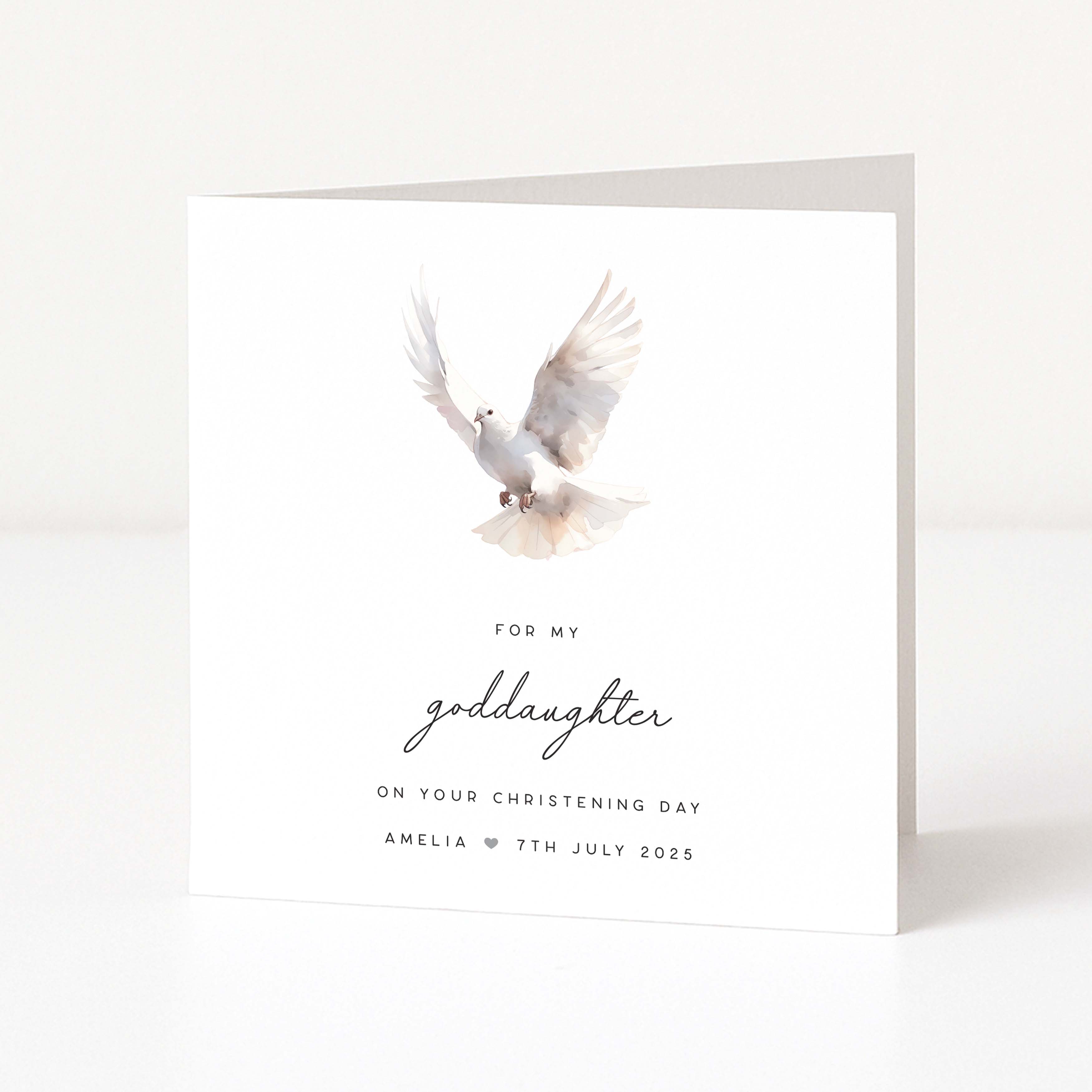 Personalised goddaughter card for christening with a dove illustration and personalized text on a white background