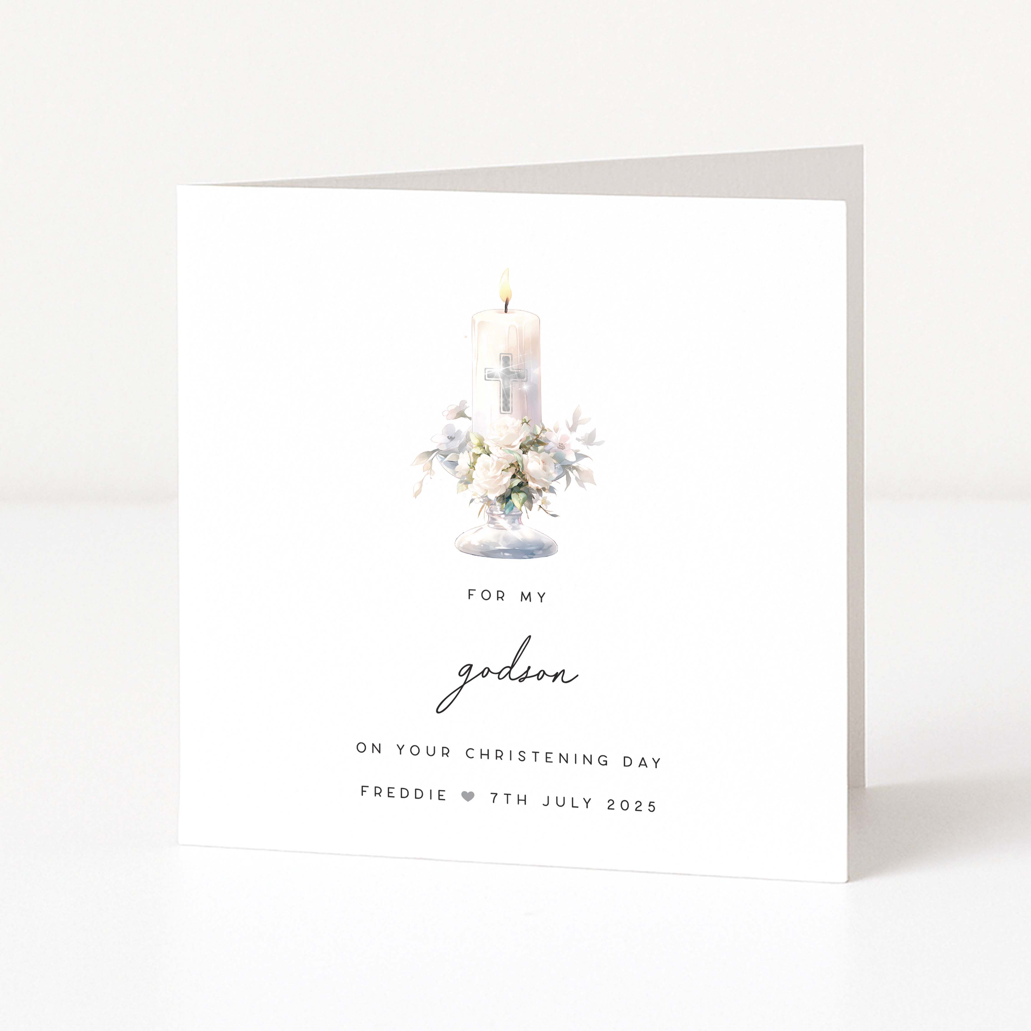 Personalised Godson card for christening with a candle and flowers illustration on a white background