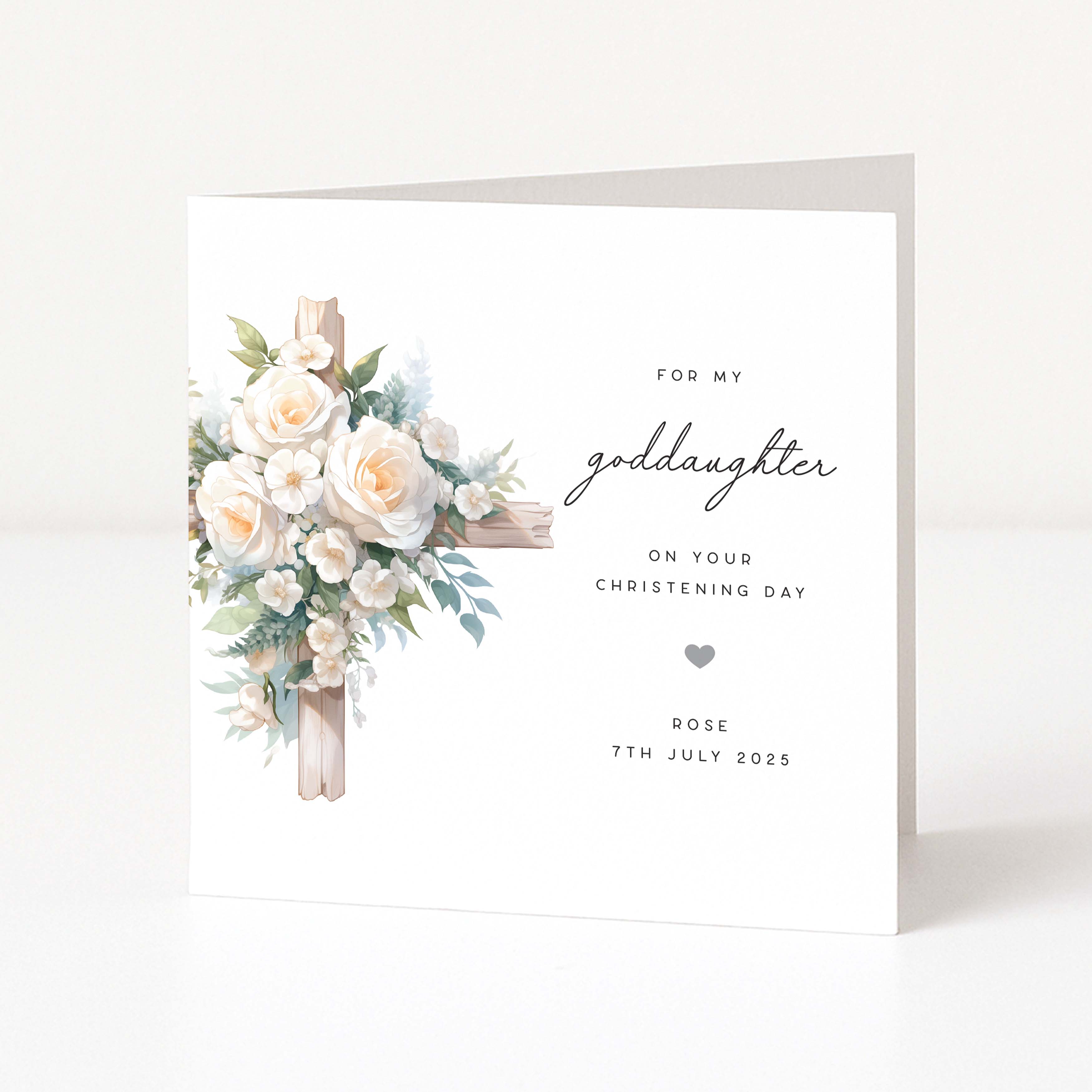 Greeting card with floral design and text for a goddaughter's christening day on a white background