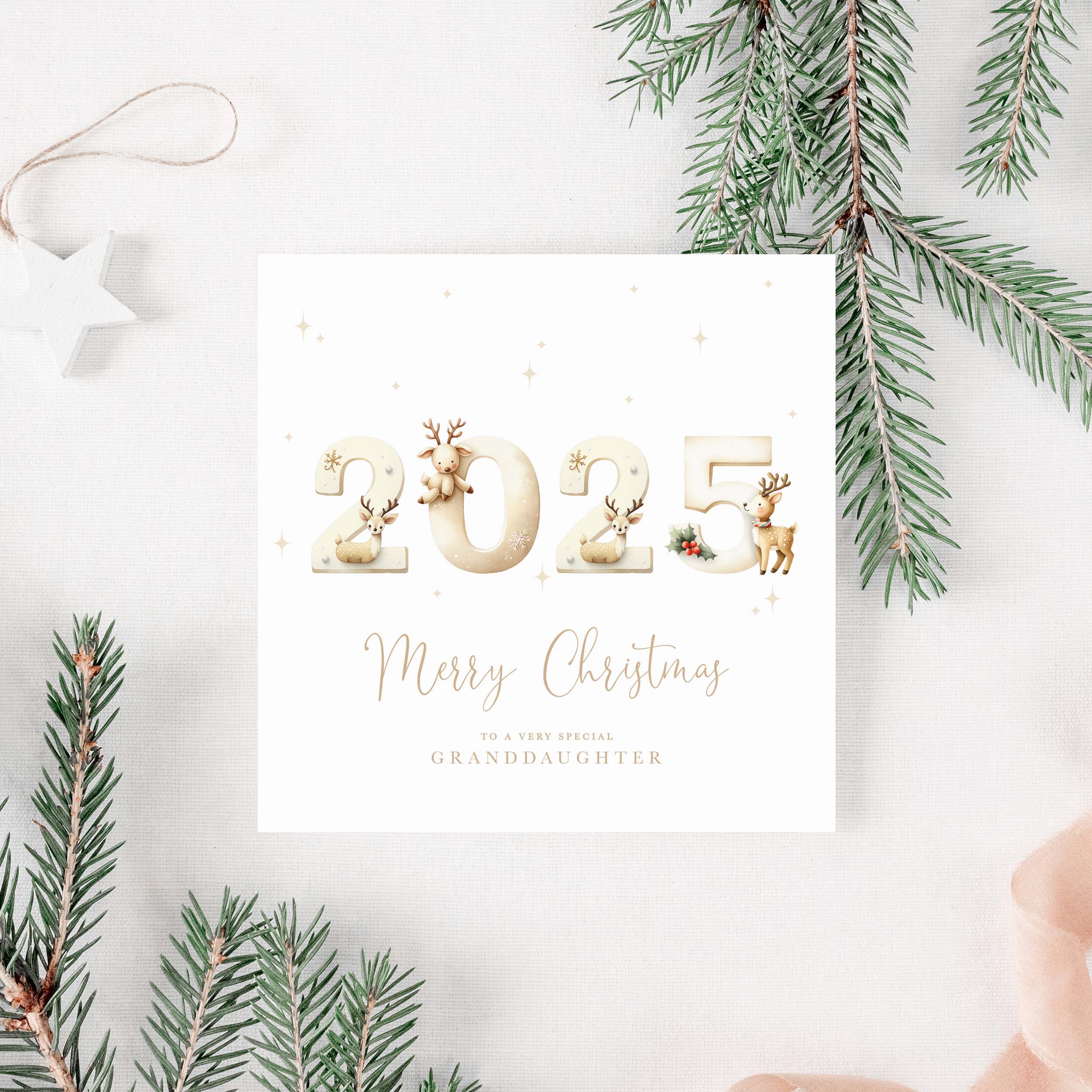 Christmas card with '2025 Merry Christmas' text, surrounded by pine branches and a white bow.