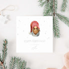 Christmas card for son with a gnome illustration and 'Happy Christmas' text, surrounded by pine branches.