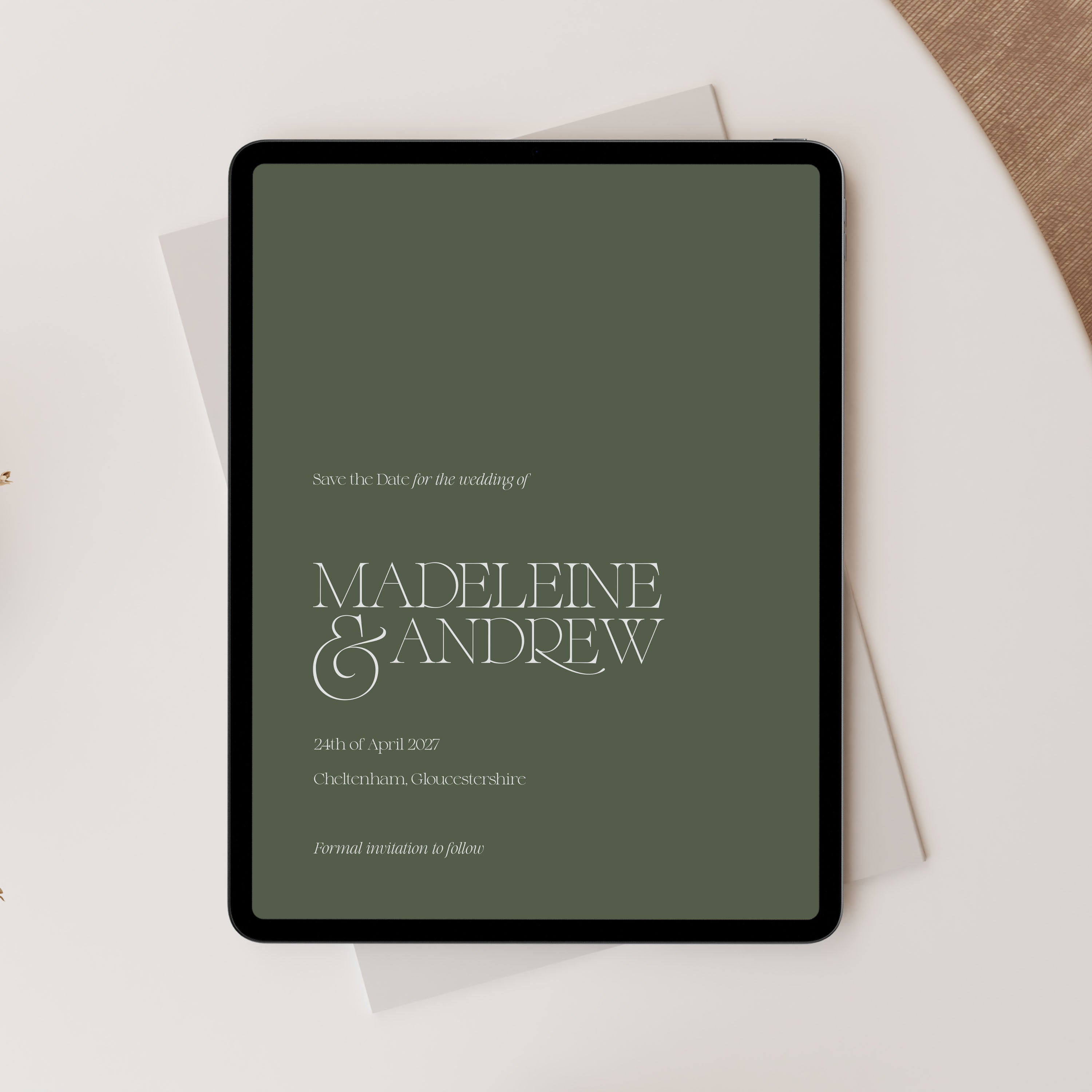 Digital save the date in sequoia green on a tablet