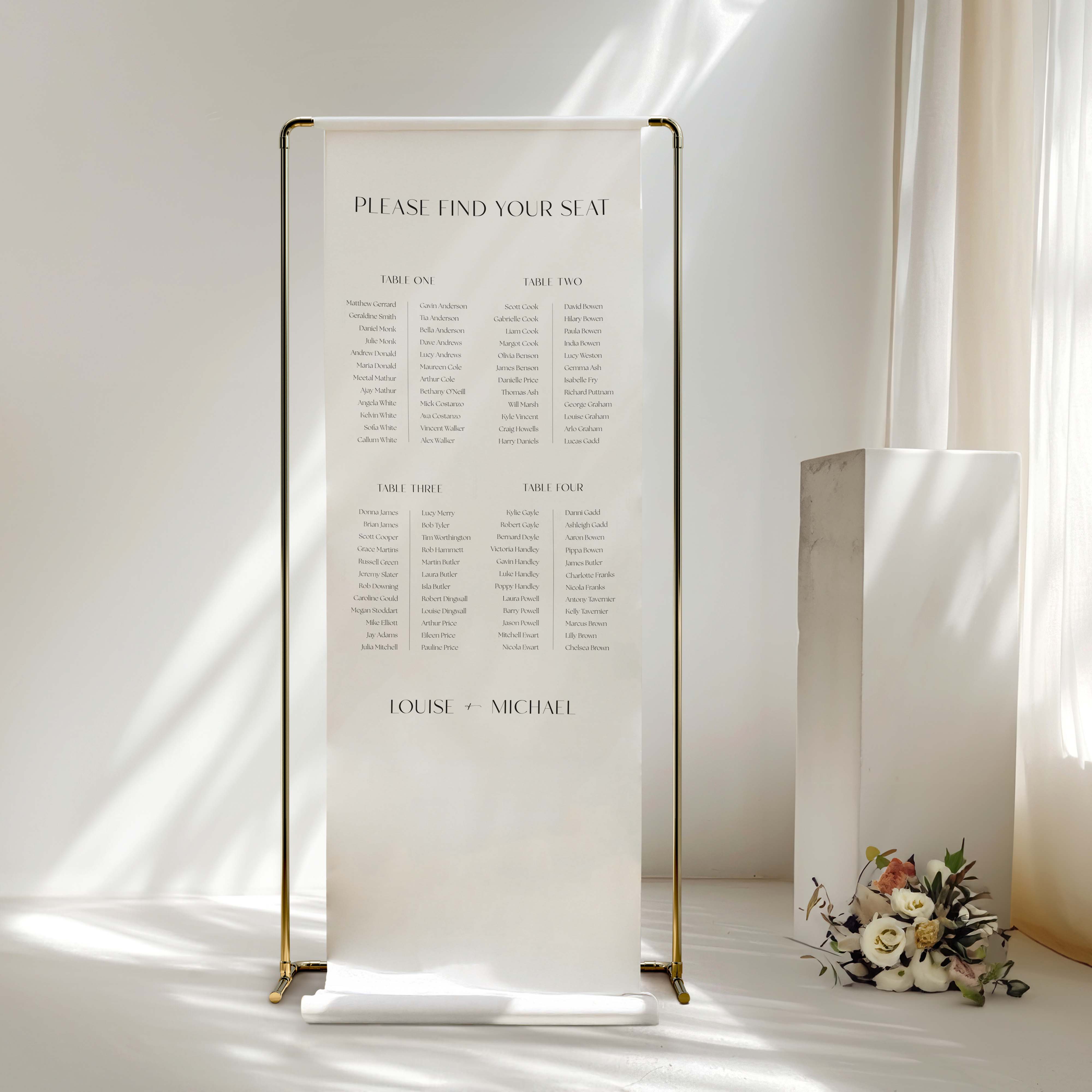 Cotton and Linen Modern Wedding Table Plan in Banquet Style - Camden Collection, Elle Bee Design