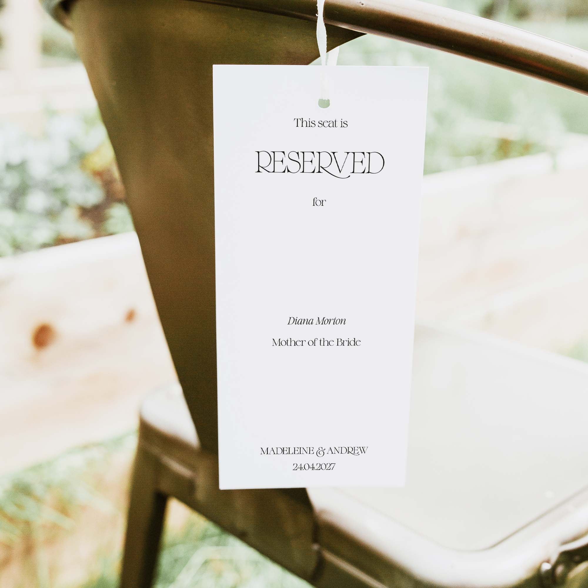 Reserved sign for a wedding ceremony with a blurred background