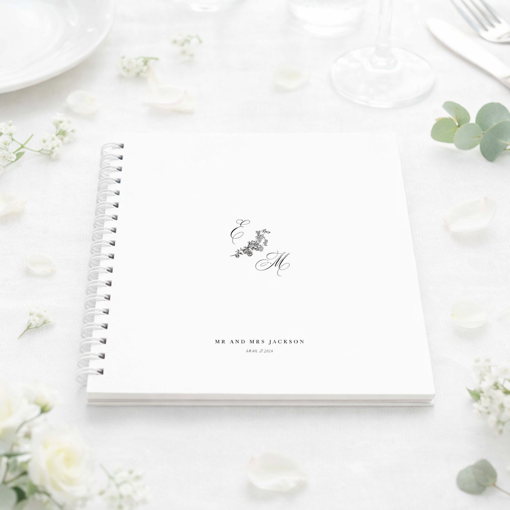 White guest book with personalized name on a white surface with flowers