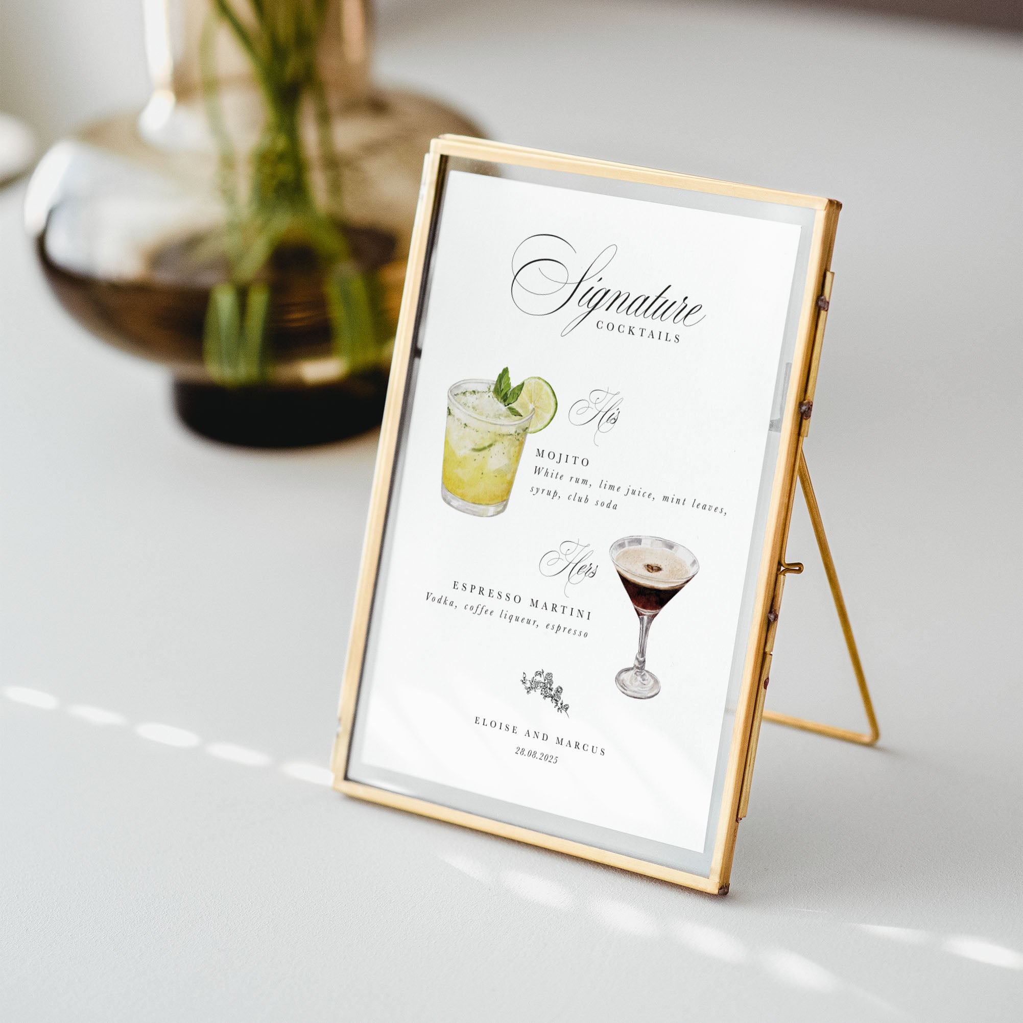 Illustrated watercolour signature cocktails sign for wedding reception