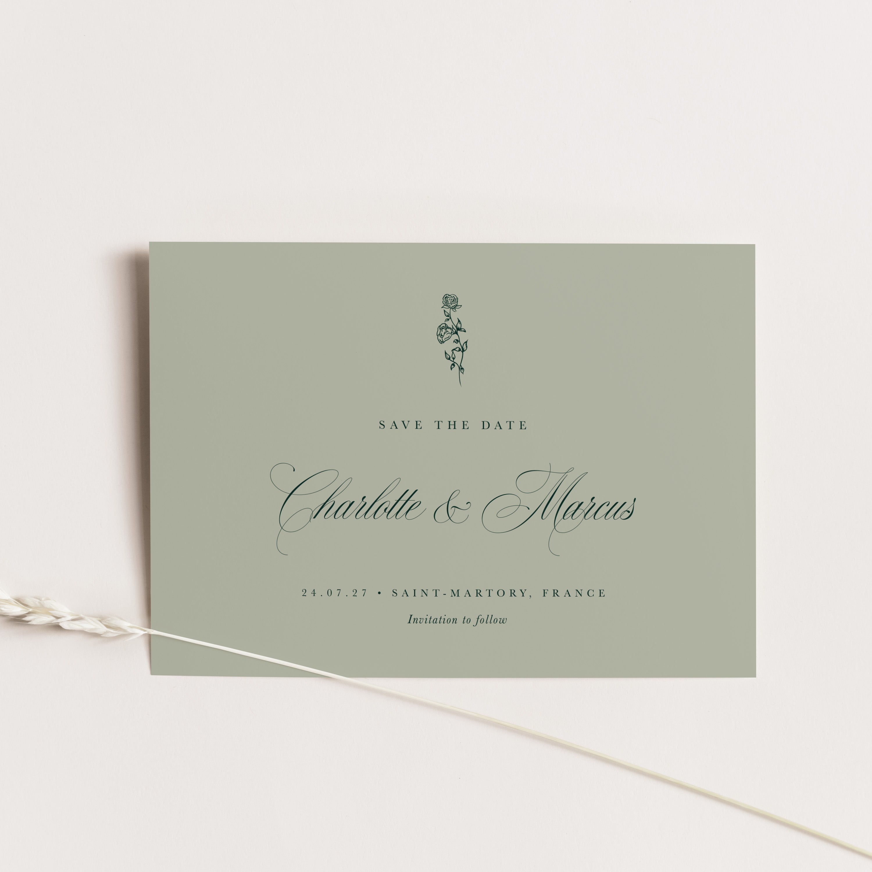 Elegant and Traditional Save the Date Card for Wedding in Litchen Sage Green