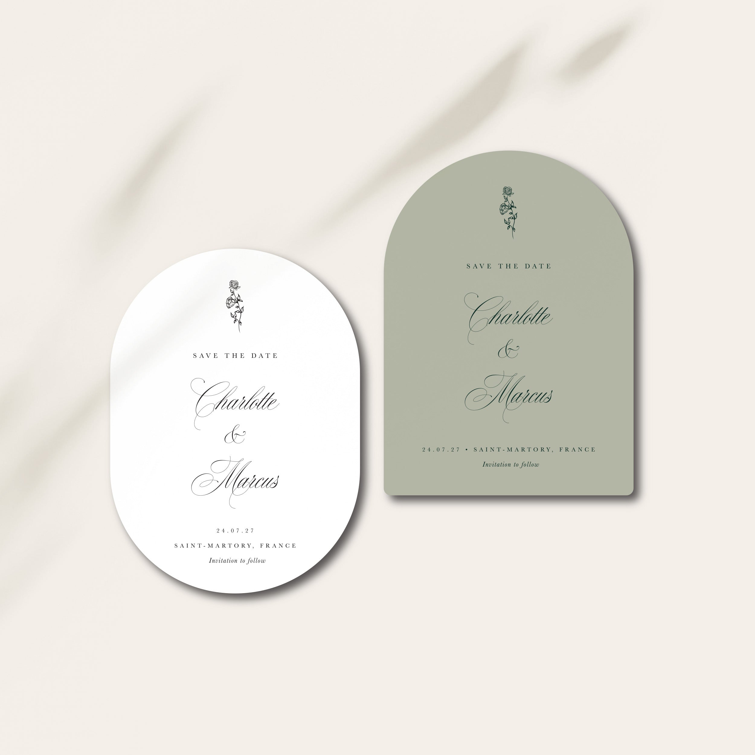 Two wedding save the date cards, one oval and one arch-shaped, on a light background.