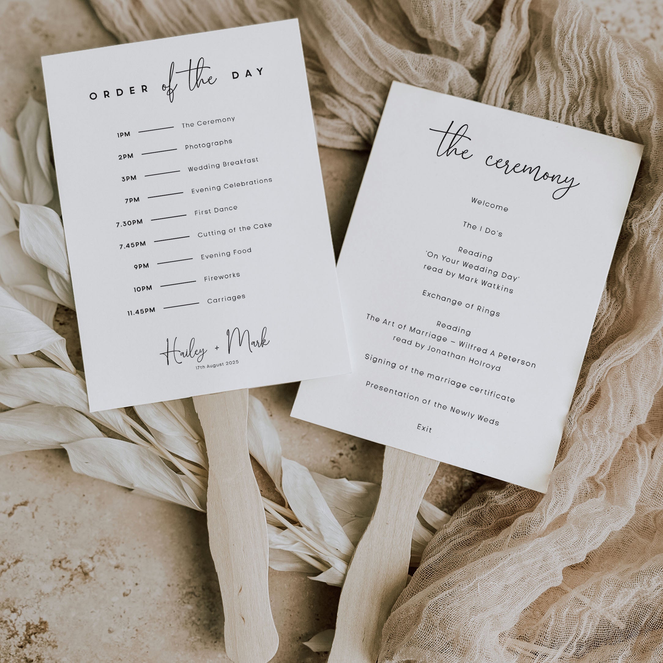 modern wedding programme paddle fan printed double sided with wooden handles on a natural background.