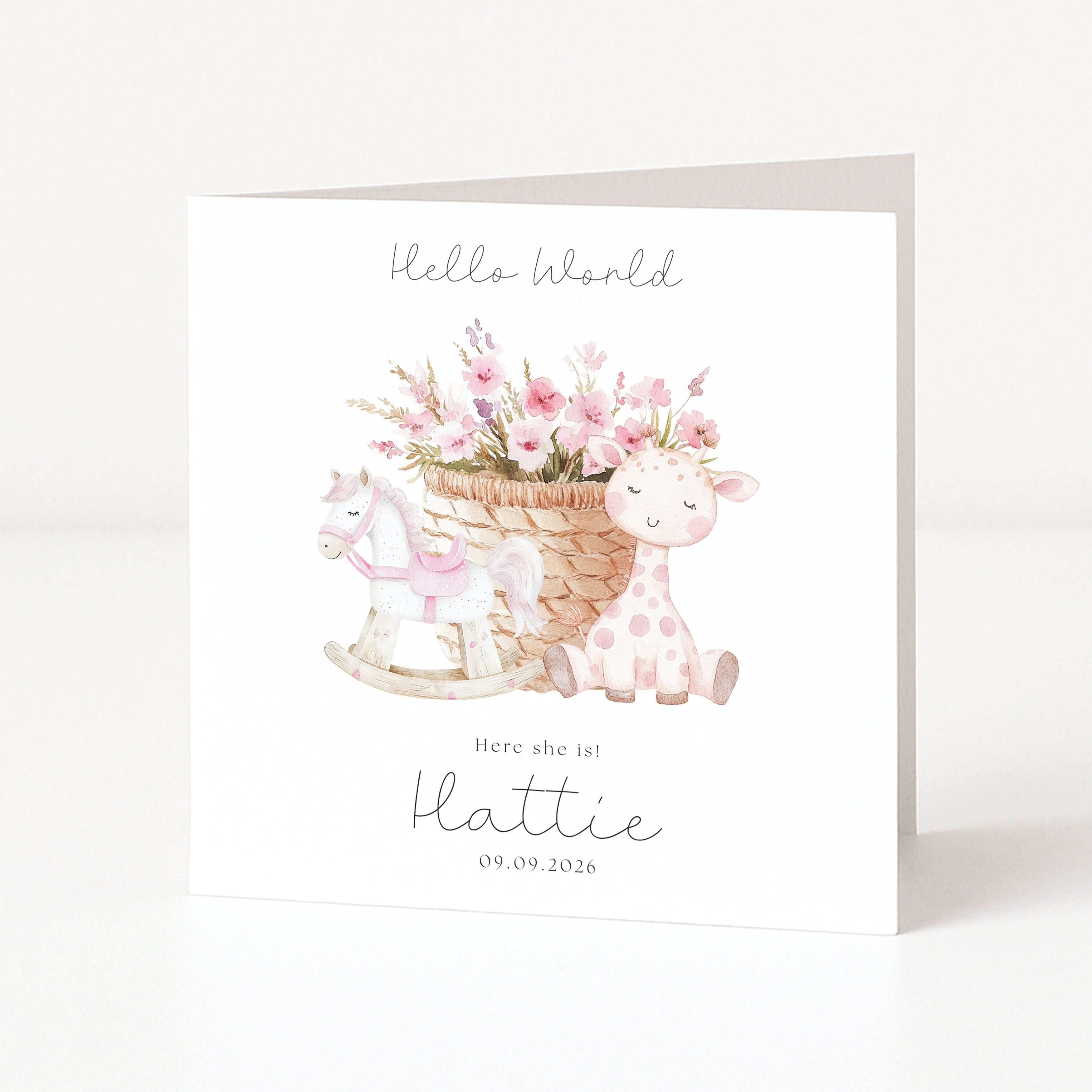 Custom Name New Baby Girl Card on white card on white background