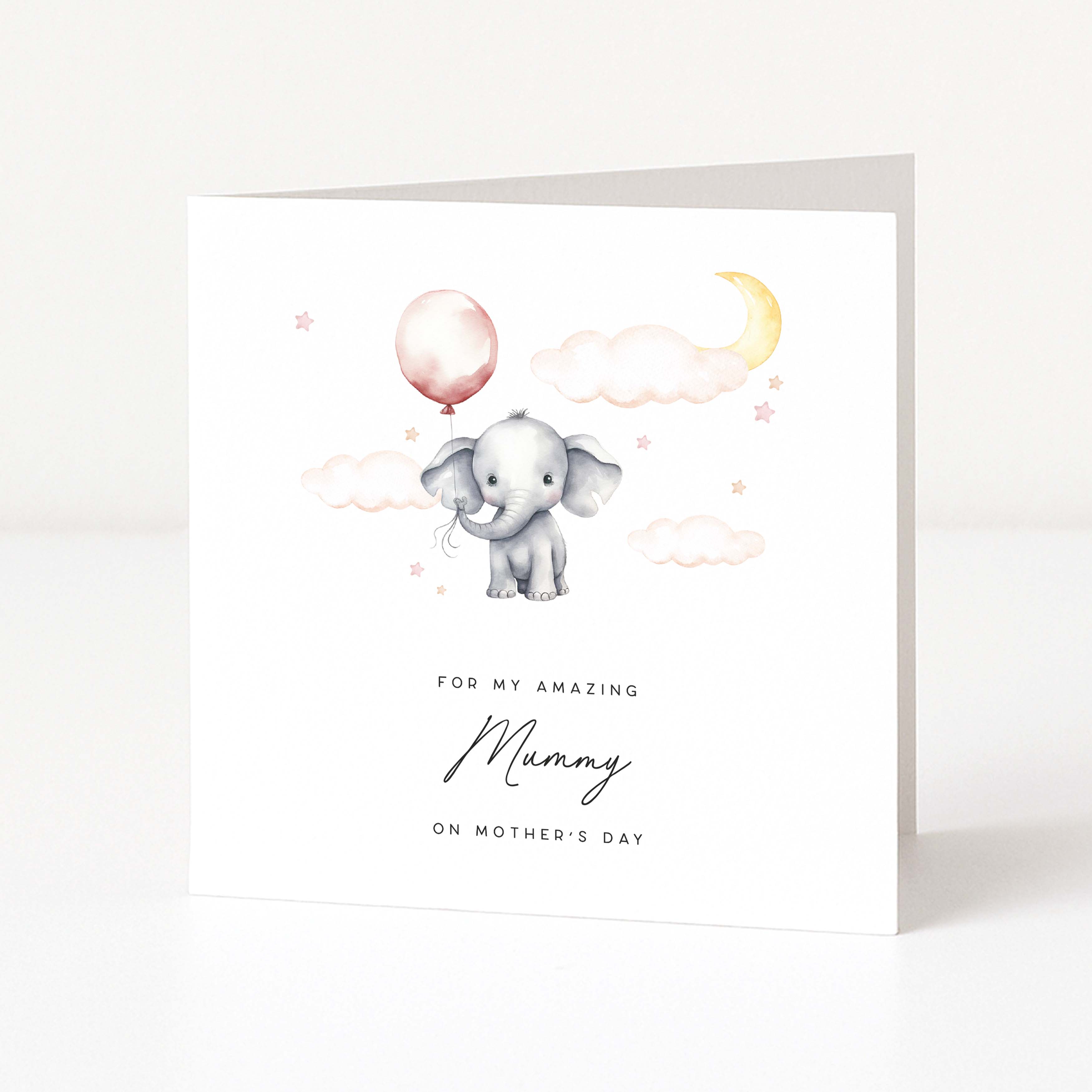 Greeting card with an elephant holding a balloon and text 'For my amazing mommy on Mother's Day' on a white background.