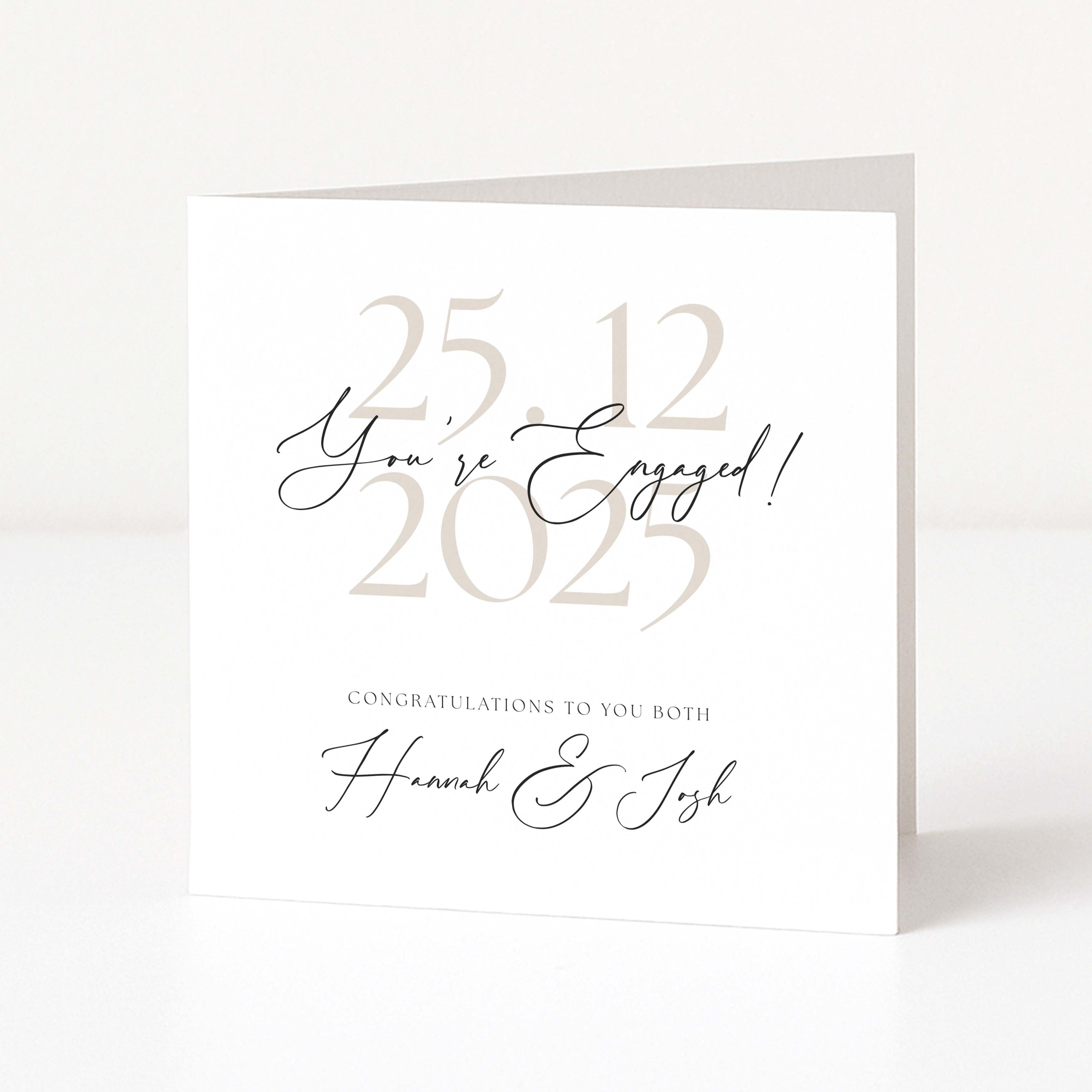 Personalised Engagement card with text '25.12 You're Engaged! 2025' on a white background