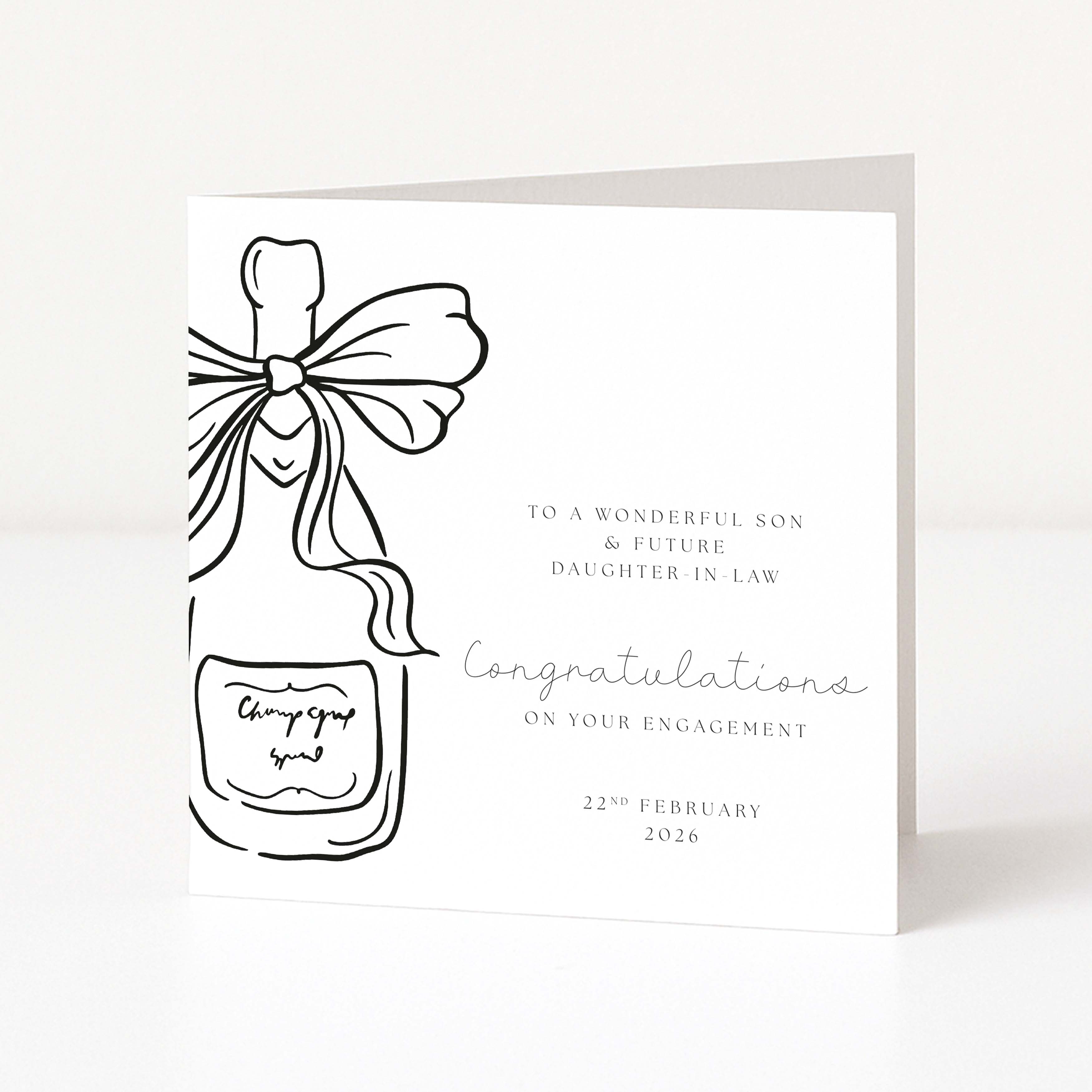 Engagement card with a champagne bottle illustration and personalised text on a white background