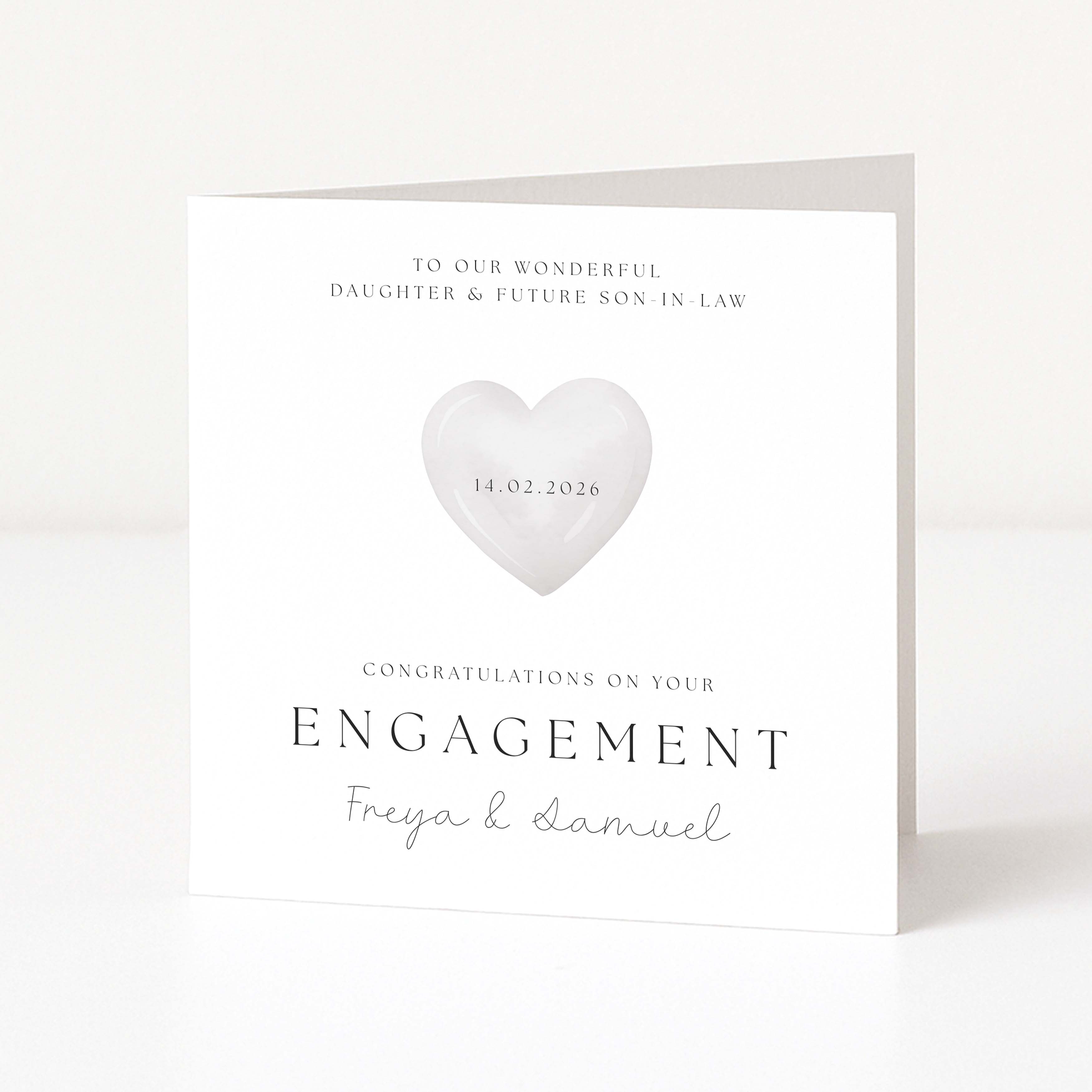 Engagement card with a heart design and personalized text on a white background