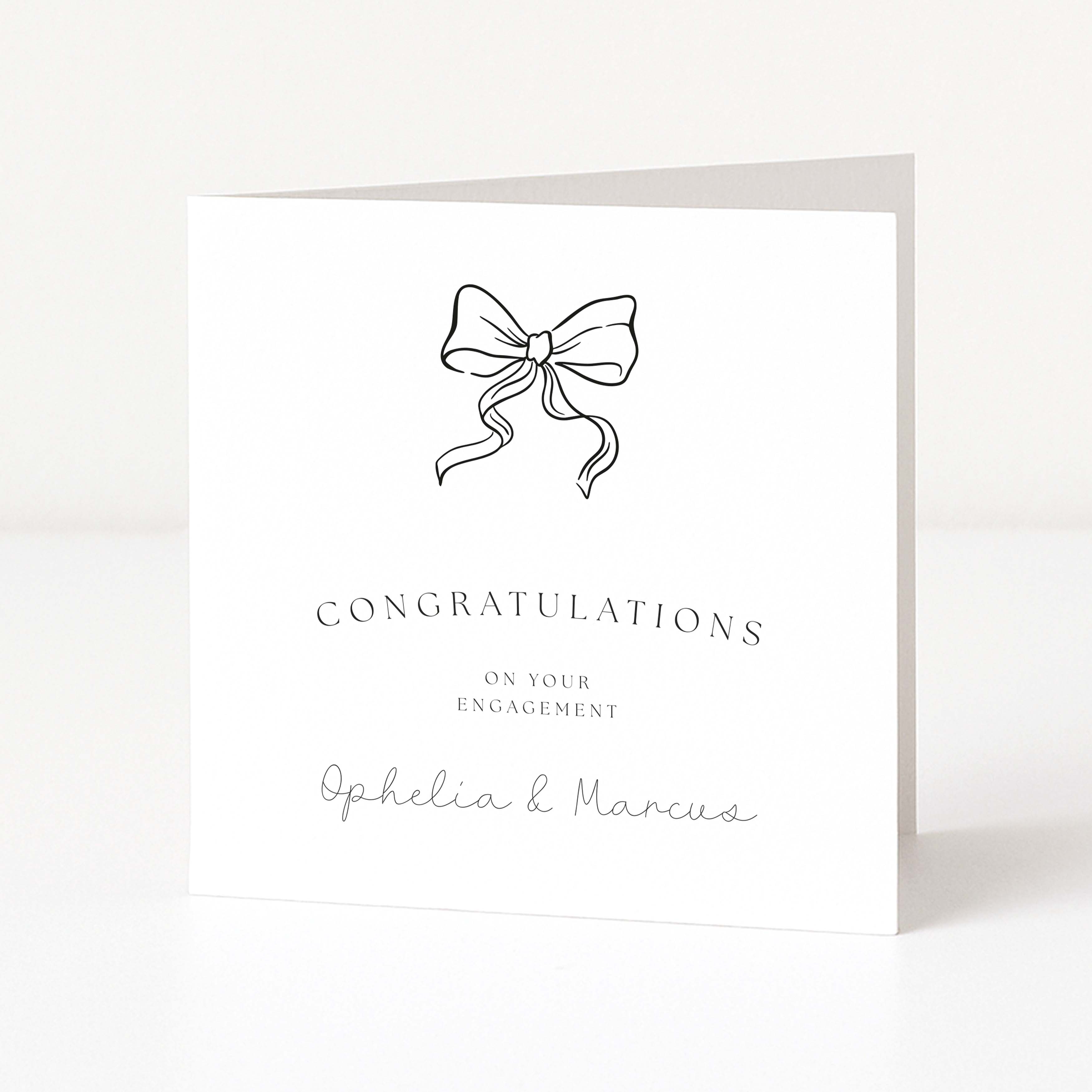 Personalised Greeting card with a bow illustration and 'Congratulations on your engagement' text on a white background
