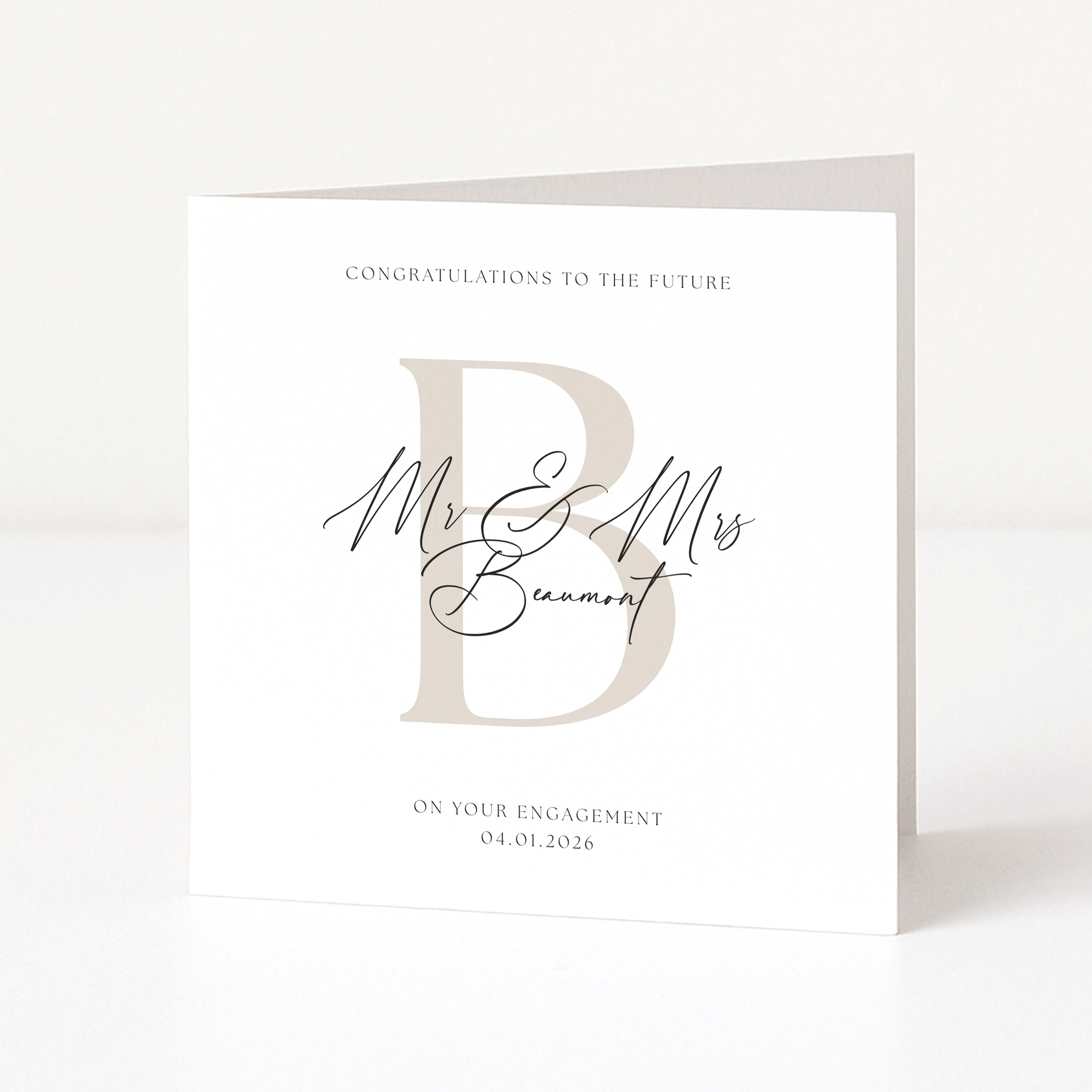 Personalised Engagement card with personalized text and monogram on a white background