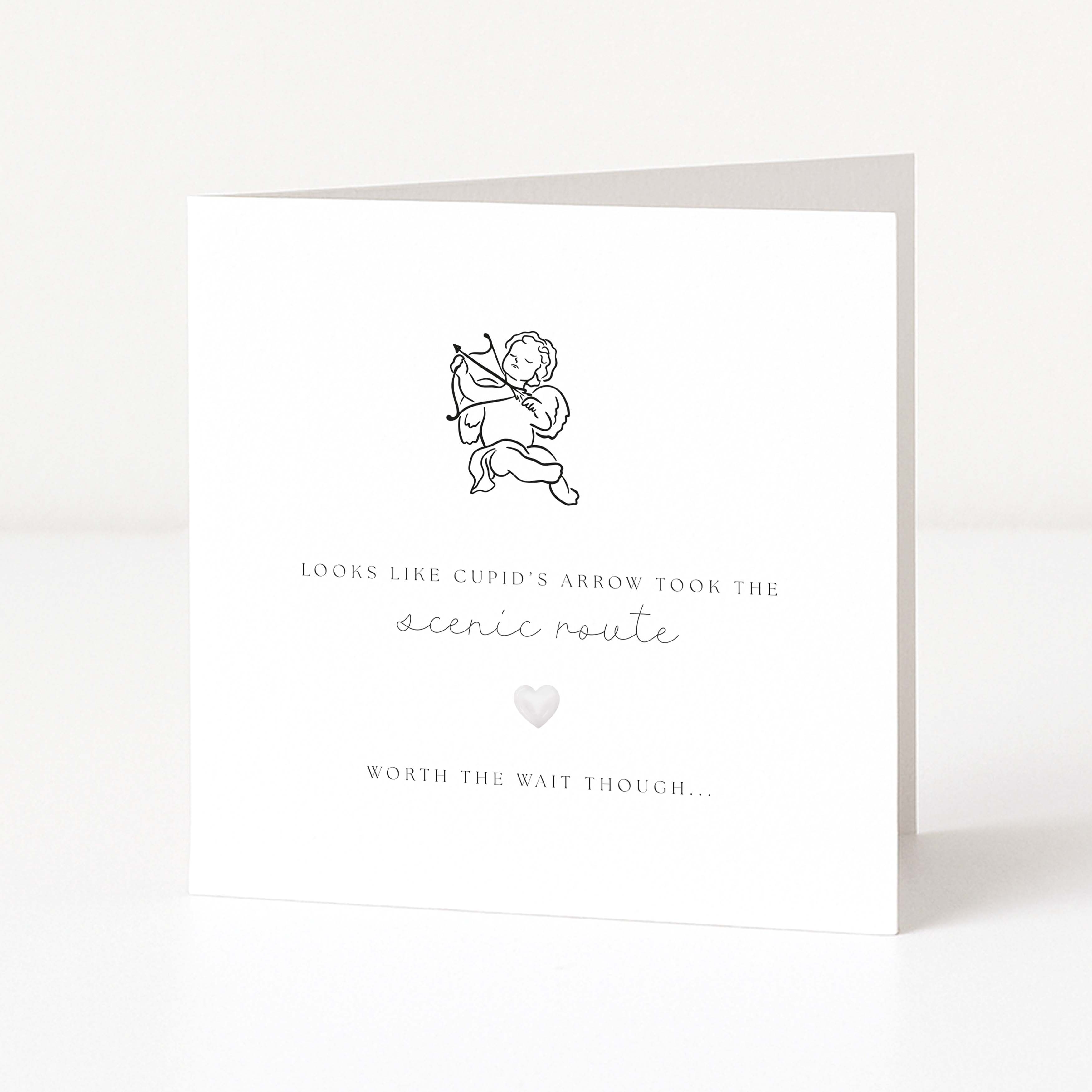 Engagement card with a black and white illustration of Cupid and text on a white background